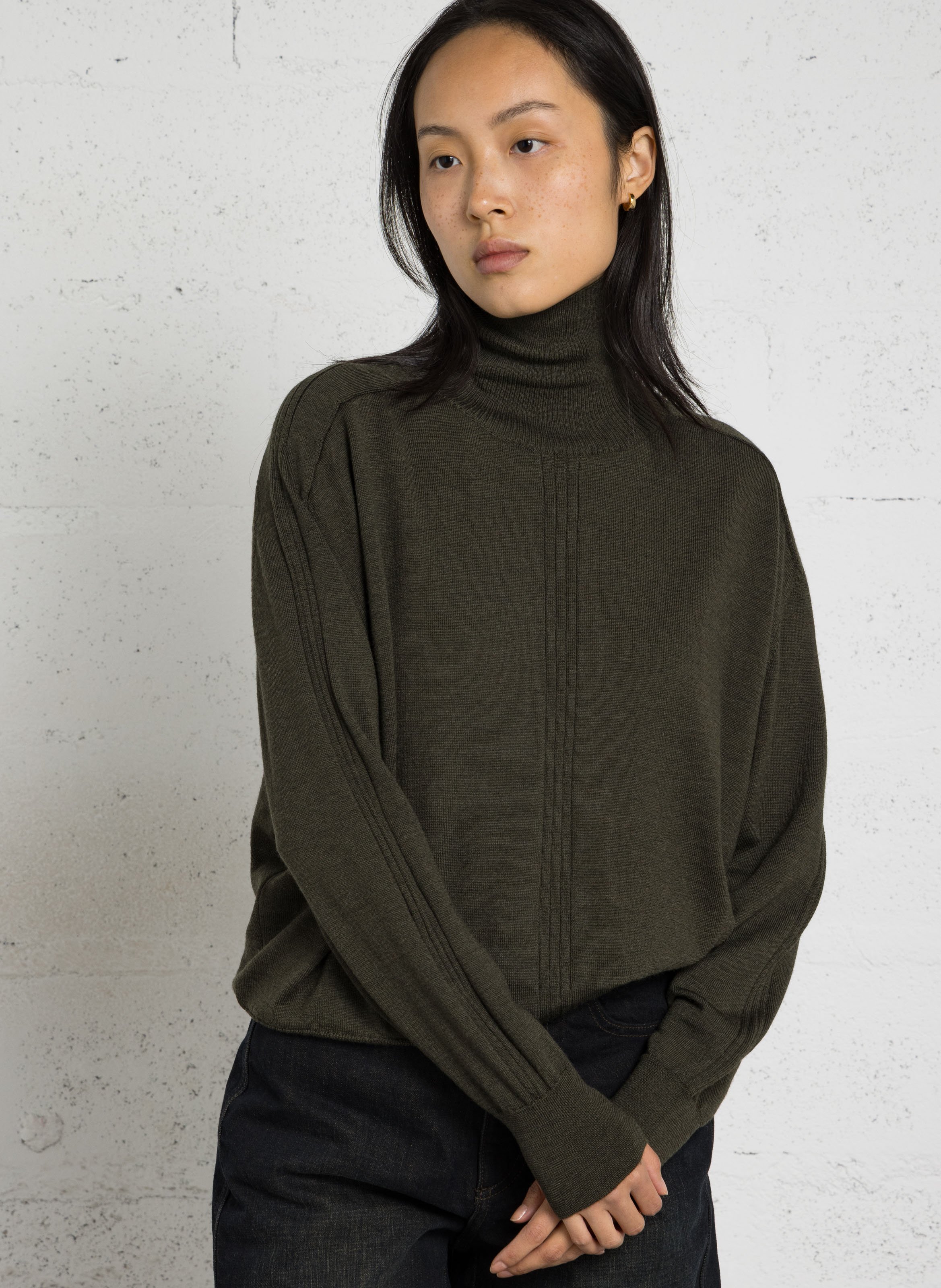 Loose-fit wool sweater with high neck SOEUR Khaki