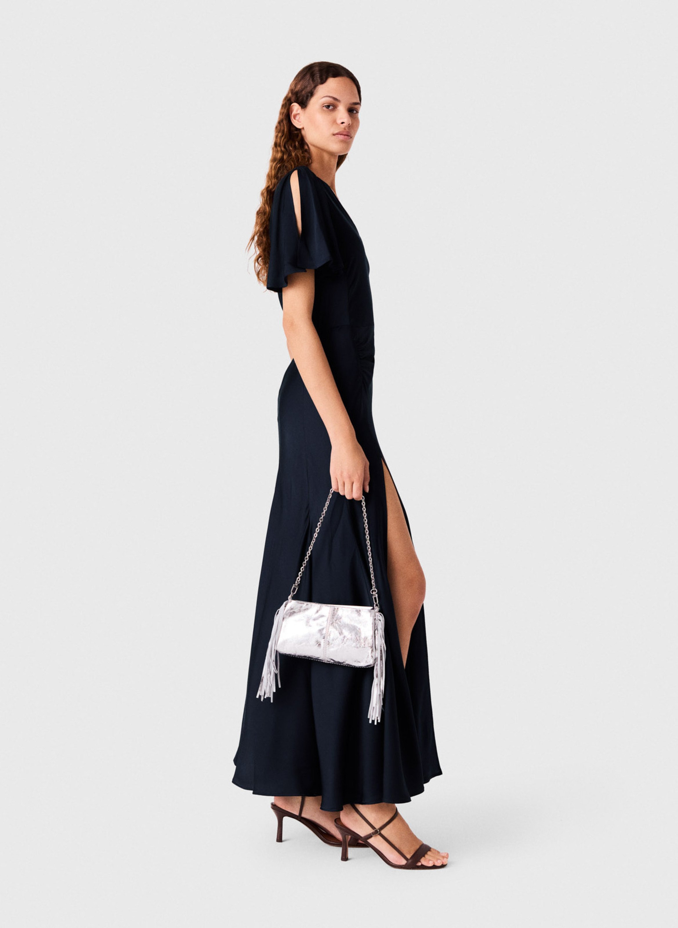 Lange gedrapeerde jurk met satijneffect MAJE Blauw