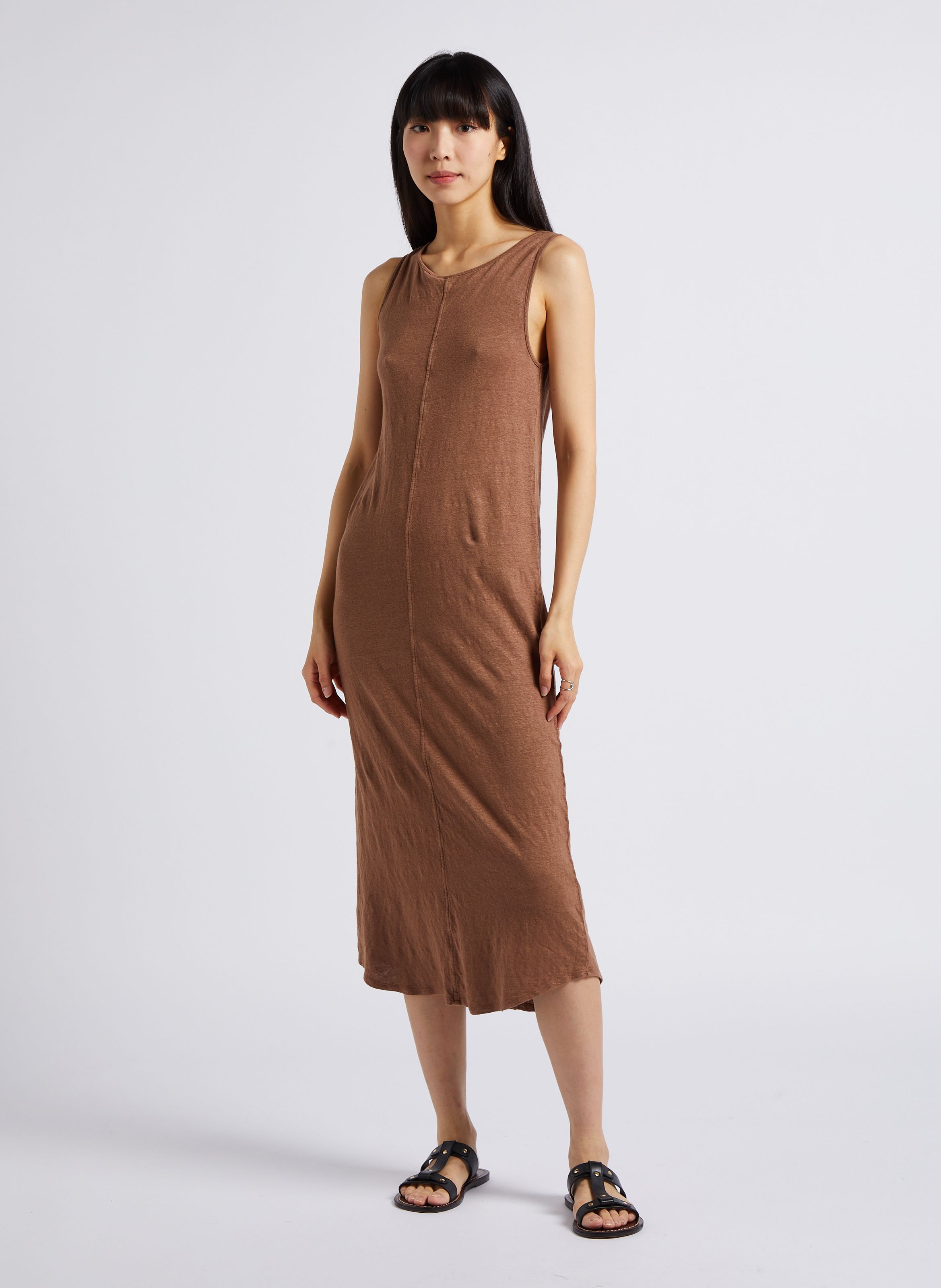 Robe midi droite en lin mélangé MAJESTIC FILATURES Marron