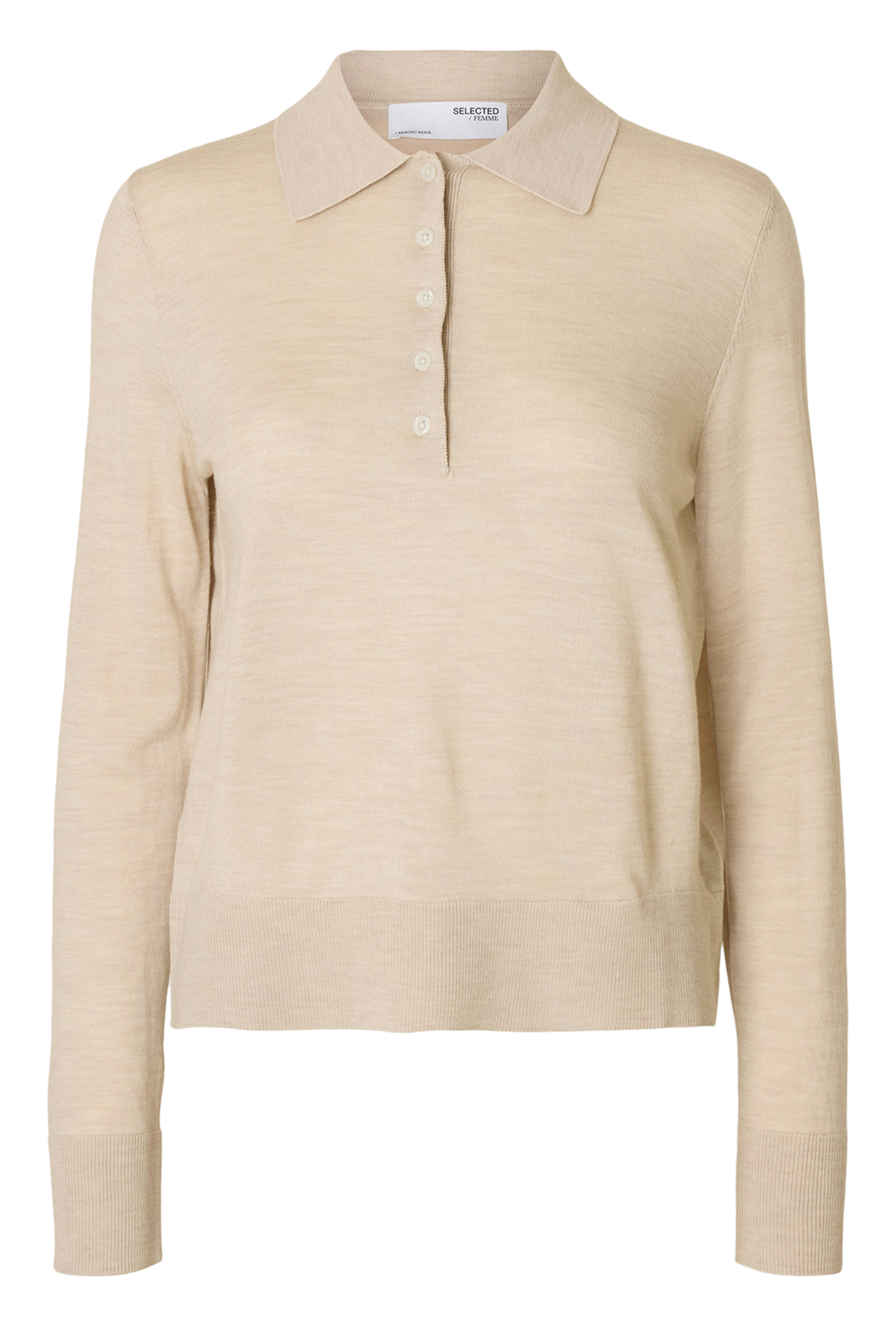 Heathered wool long-sleeve polo SELECTED Beige