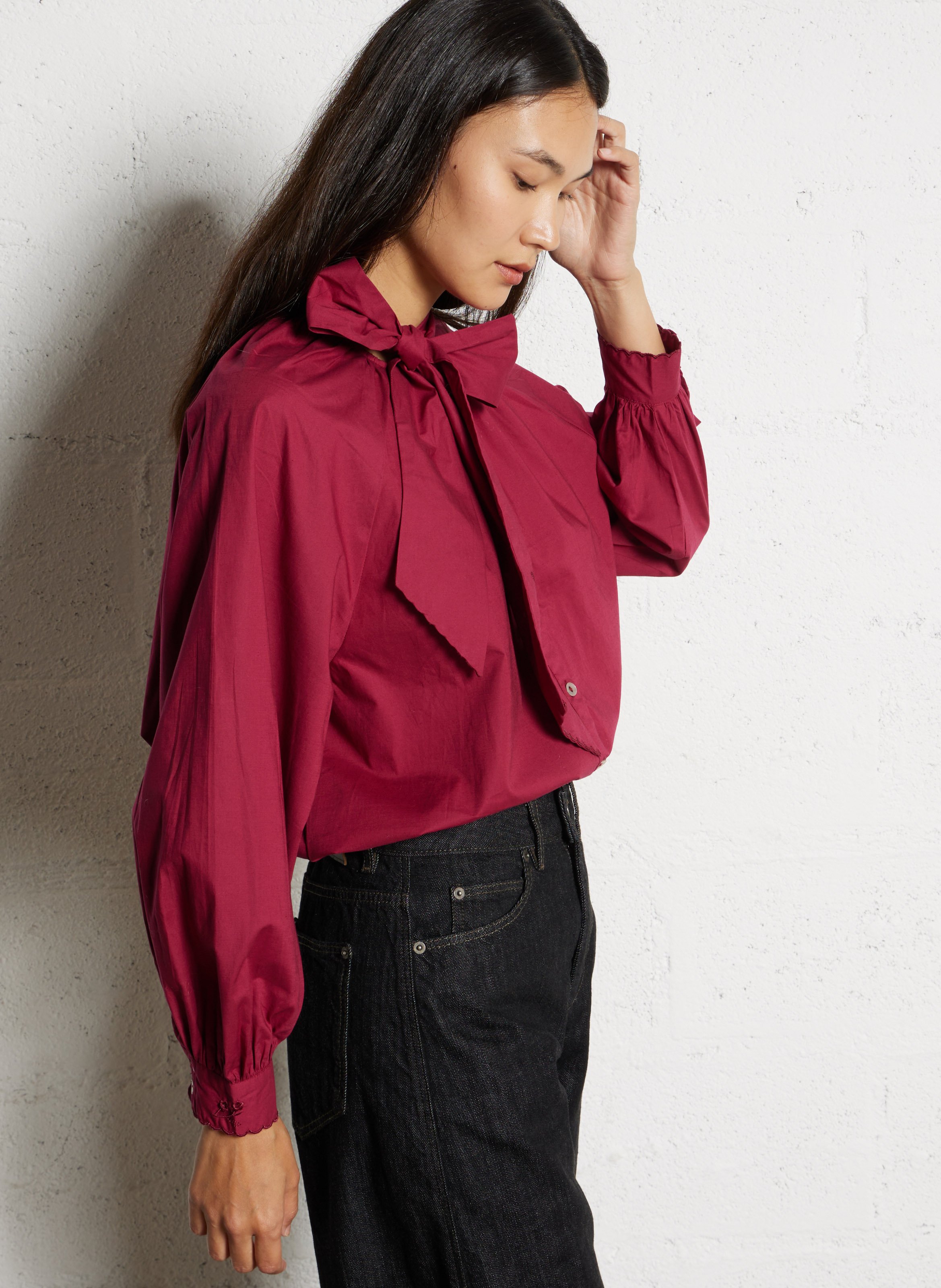 Shirt with lavallière collar in cotton DES PETITS HAUTS Purple