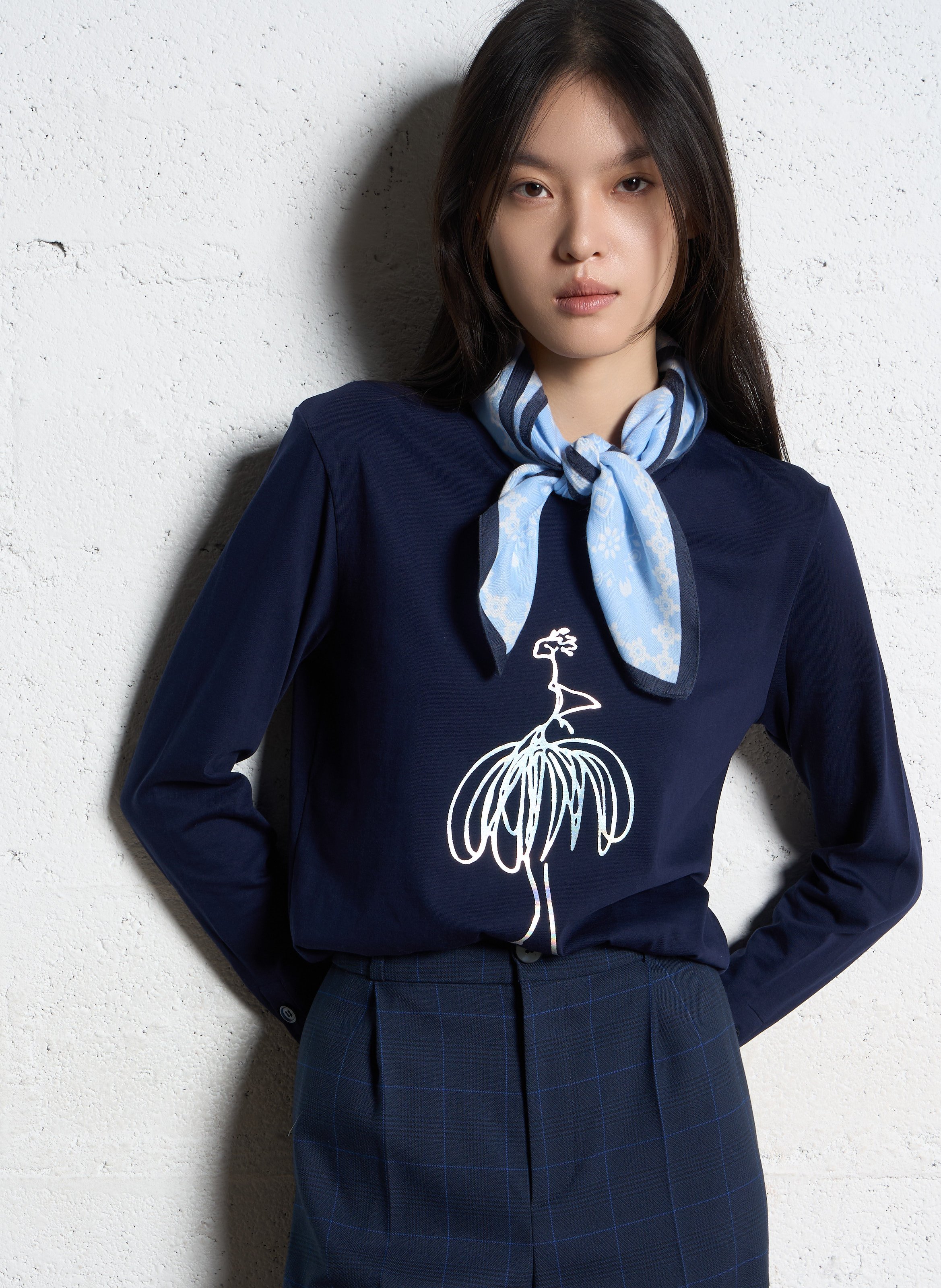 Long-sleeved screen-printed T-shirt ONE STEP Blue