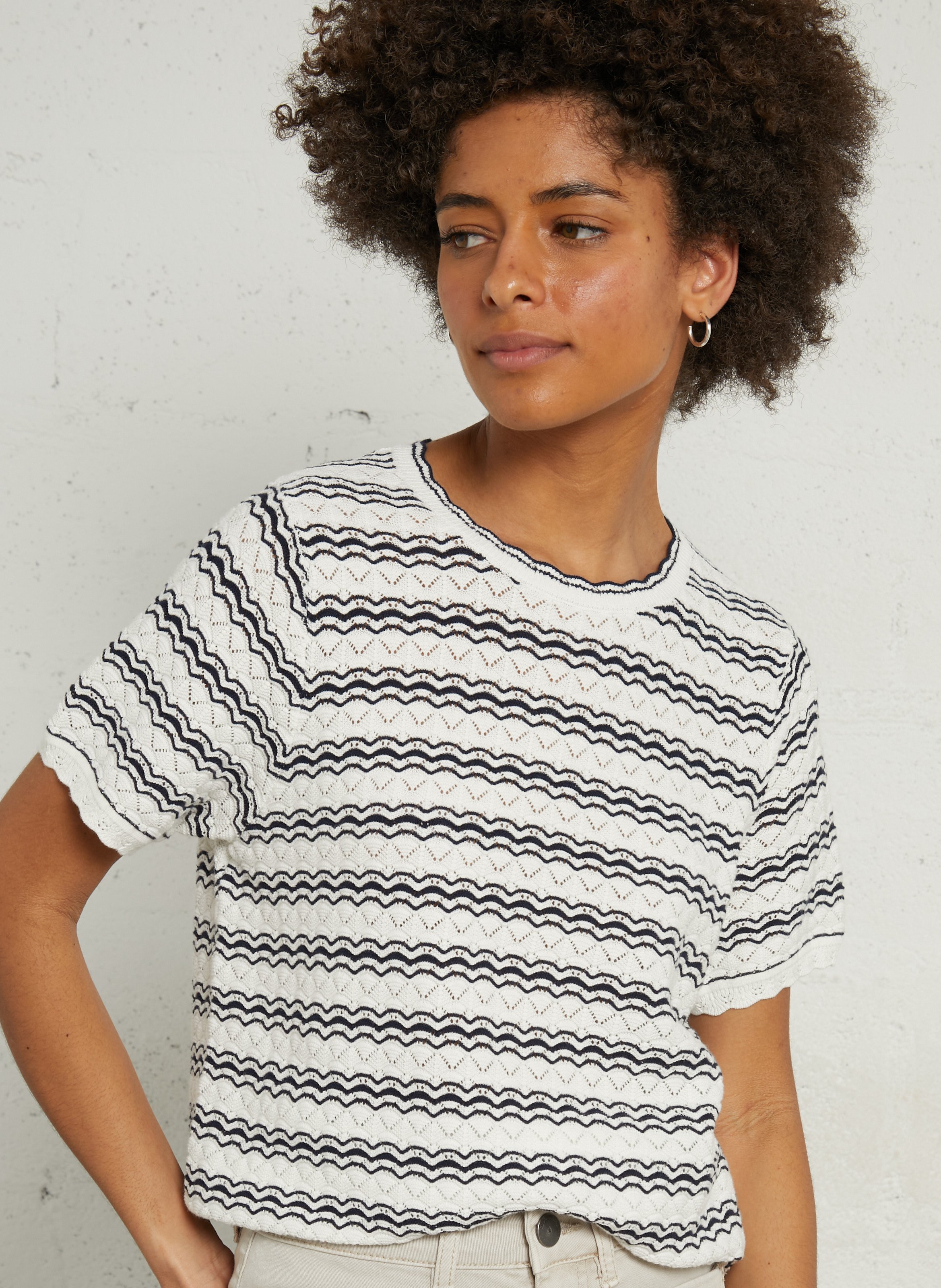 Short-sleeve pointelle knit sweater SUD EXPRESS Beige