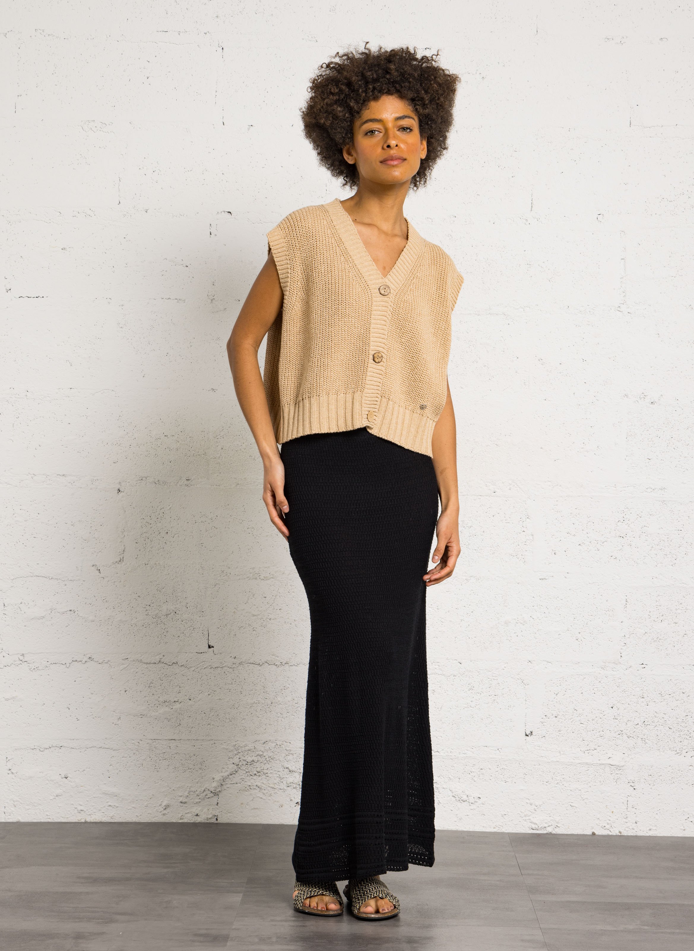 Oversized V-neck cotton blend vest PLEASE Beige