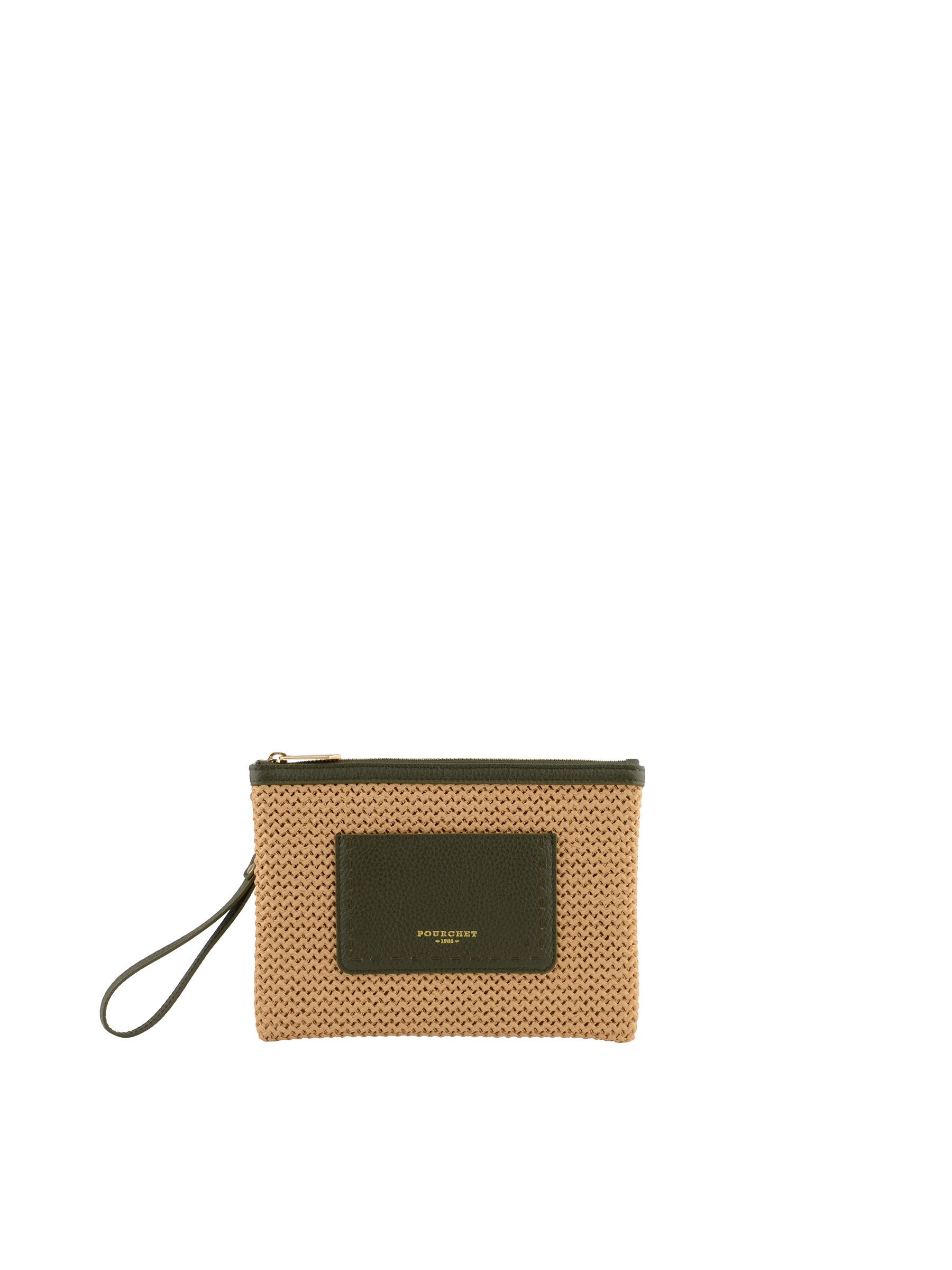 Straw clutch with leather trim POURCHET