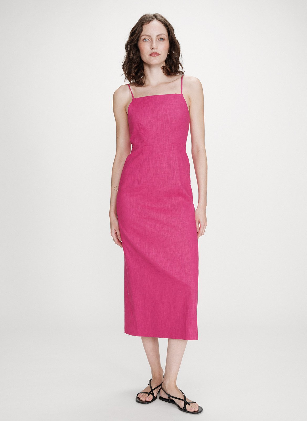 Solid color straight midi linen blend dress GRACE ET MILA Pink