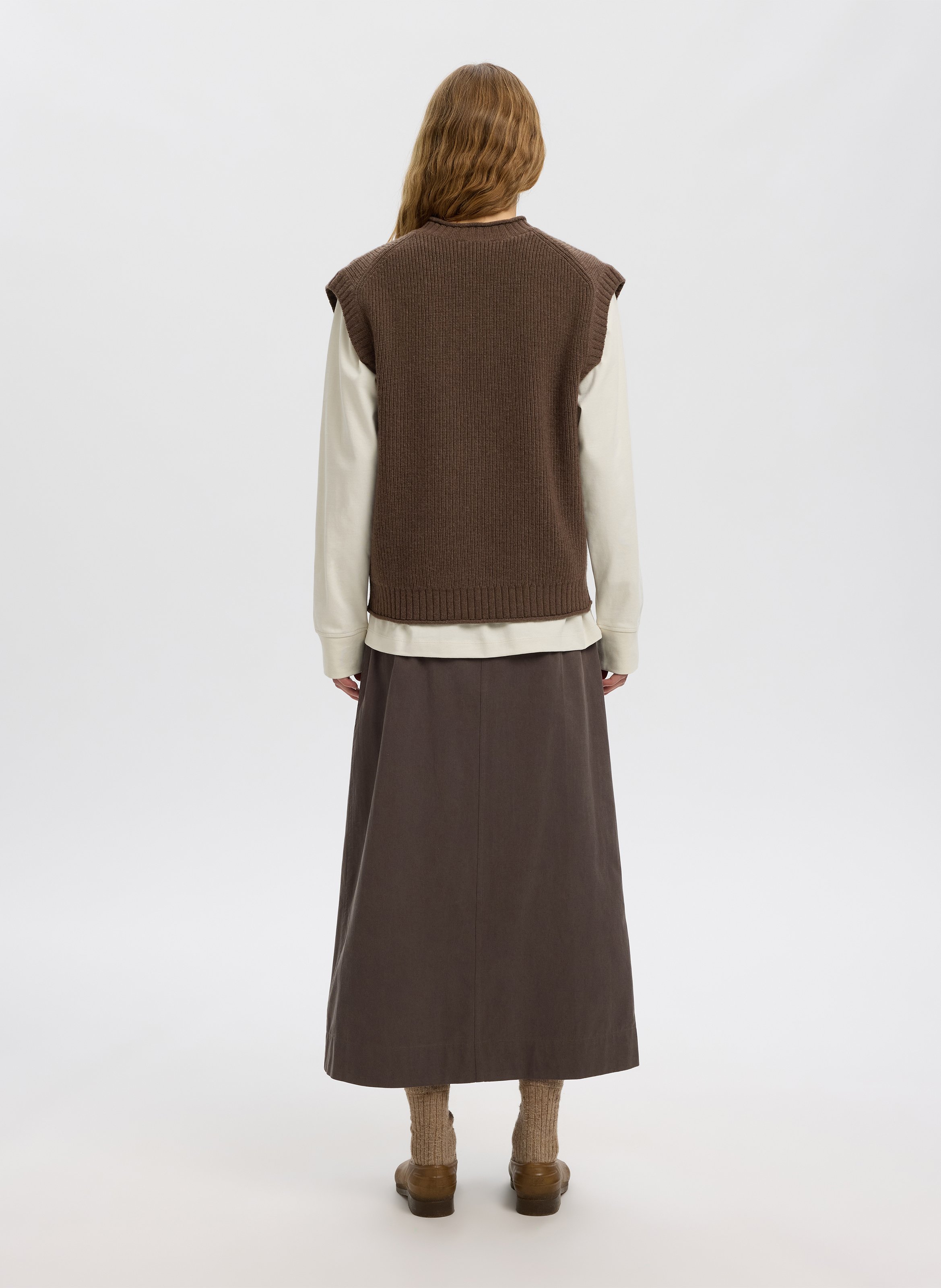 Gilet col rond en laine SELECTED Marron
