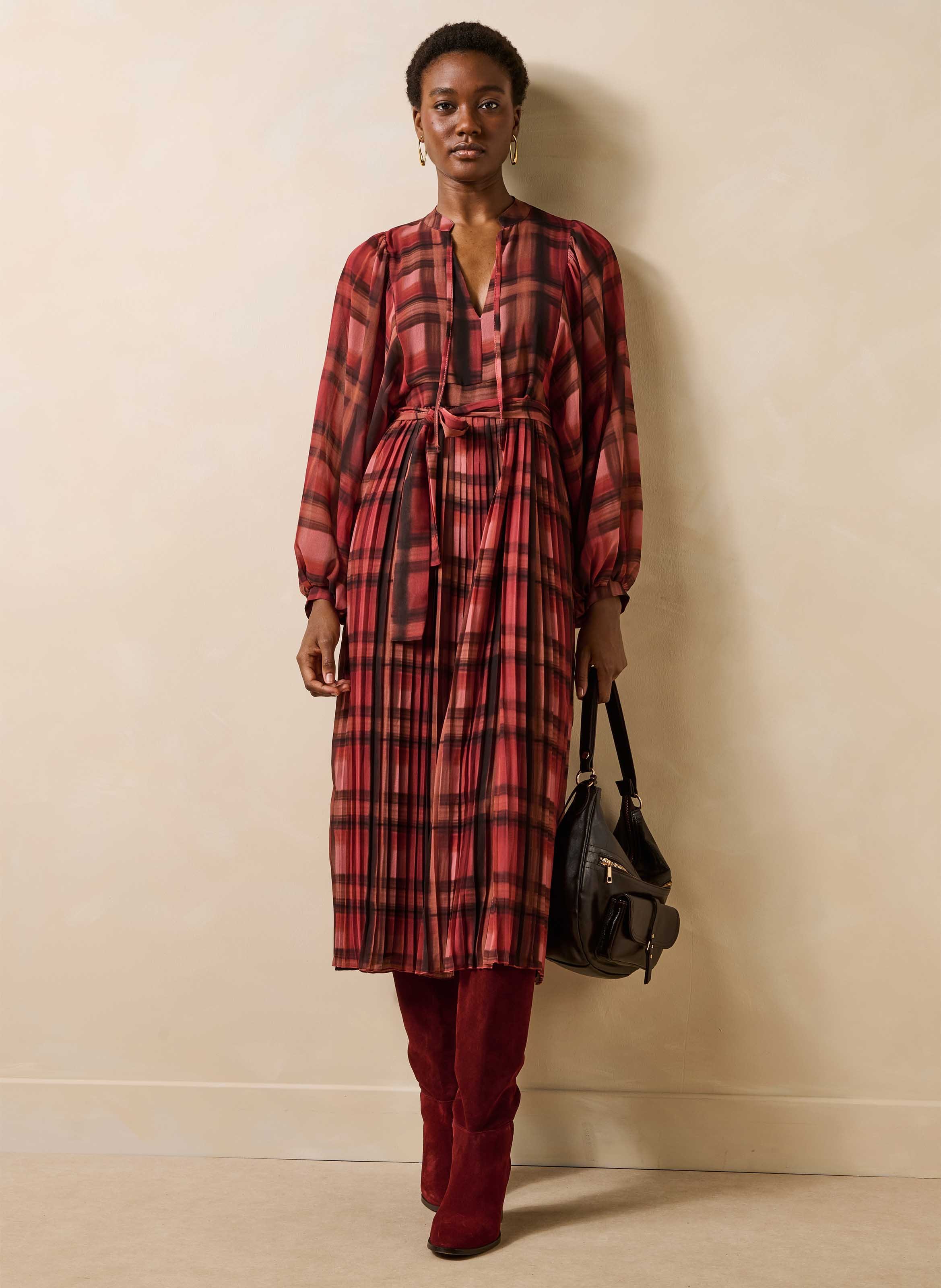 Robe midi ceinturée à carreaux  LA FEE MARABOUTEE Rouge