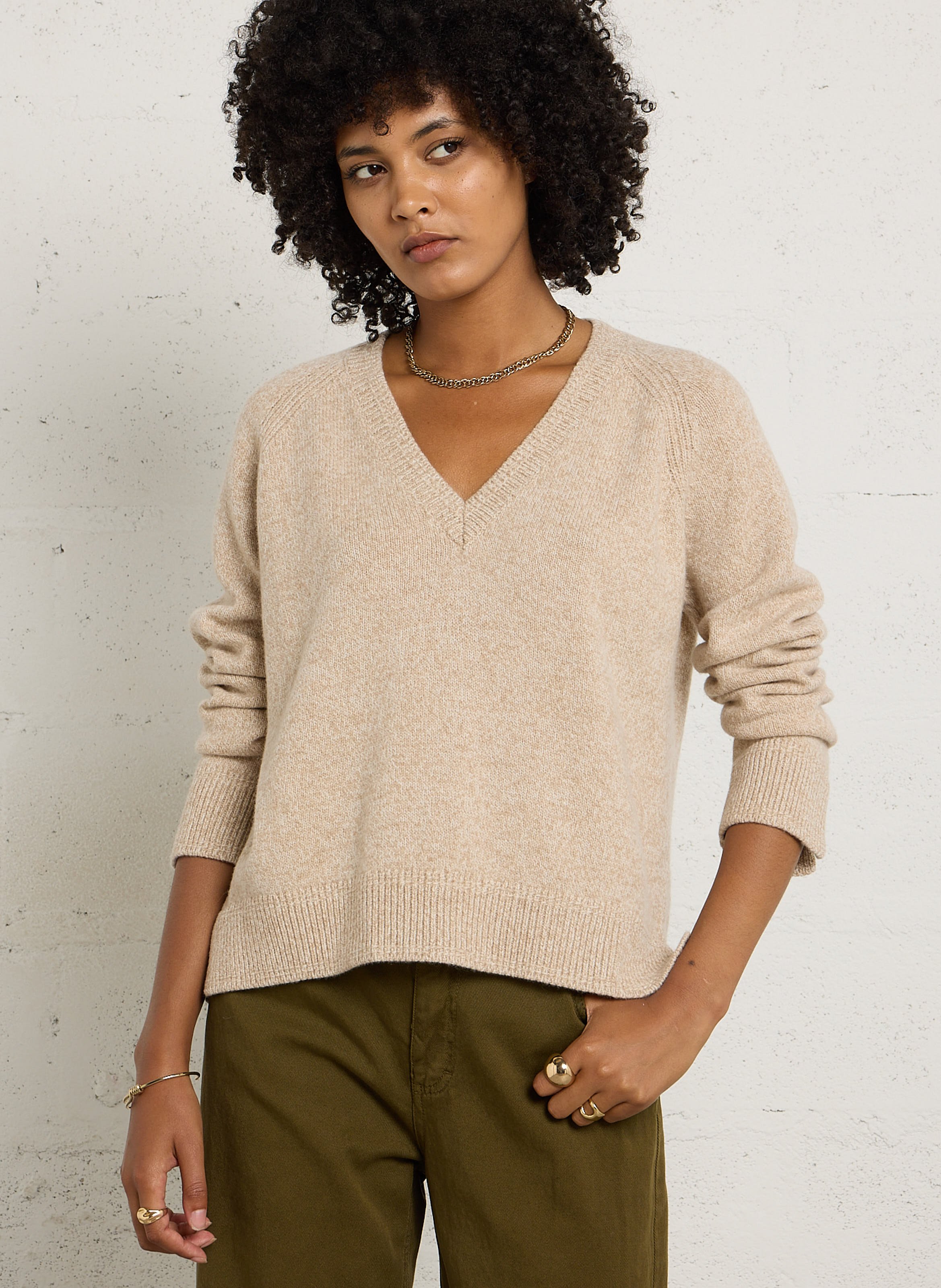 Oversized V-neck wool and cashmere sweater MAISON ANJE Beige