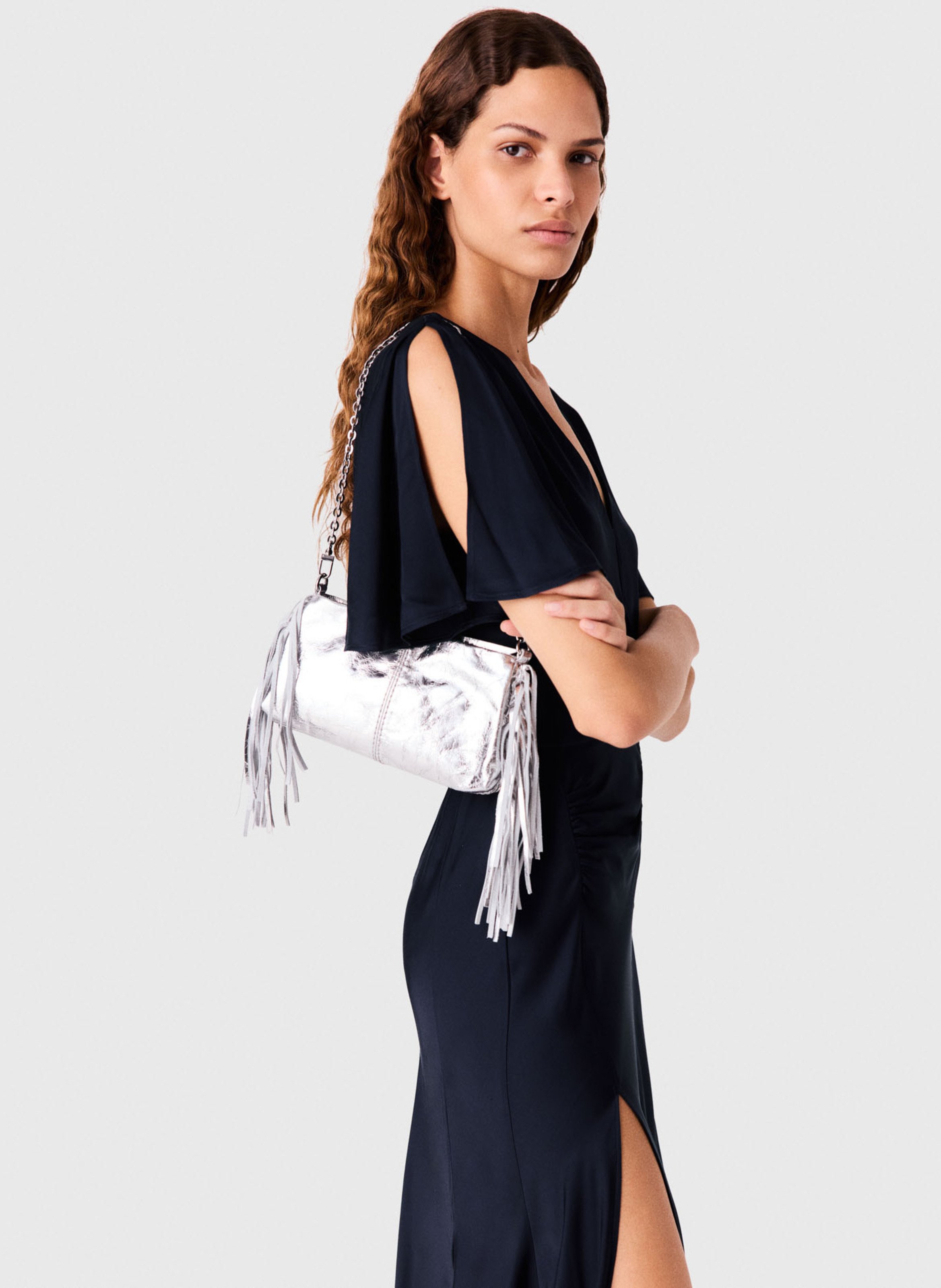 Lange gedrapeerde jurk met satijneffect MAJE Blauw