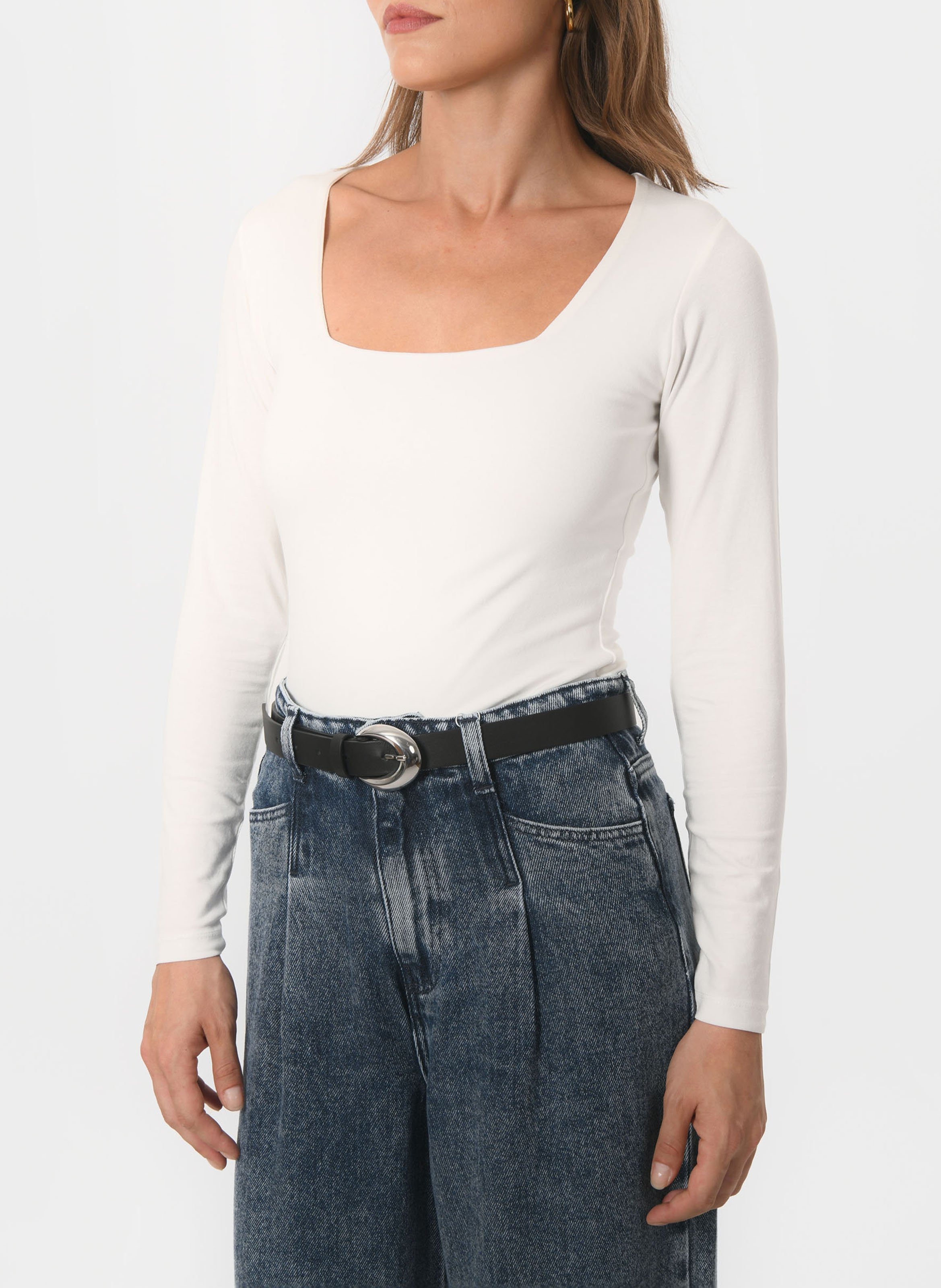 Tee-shirt moulant col carré en coton mélangé KOOKAI Blanc