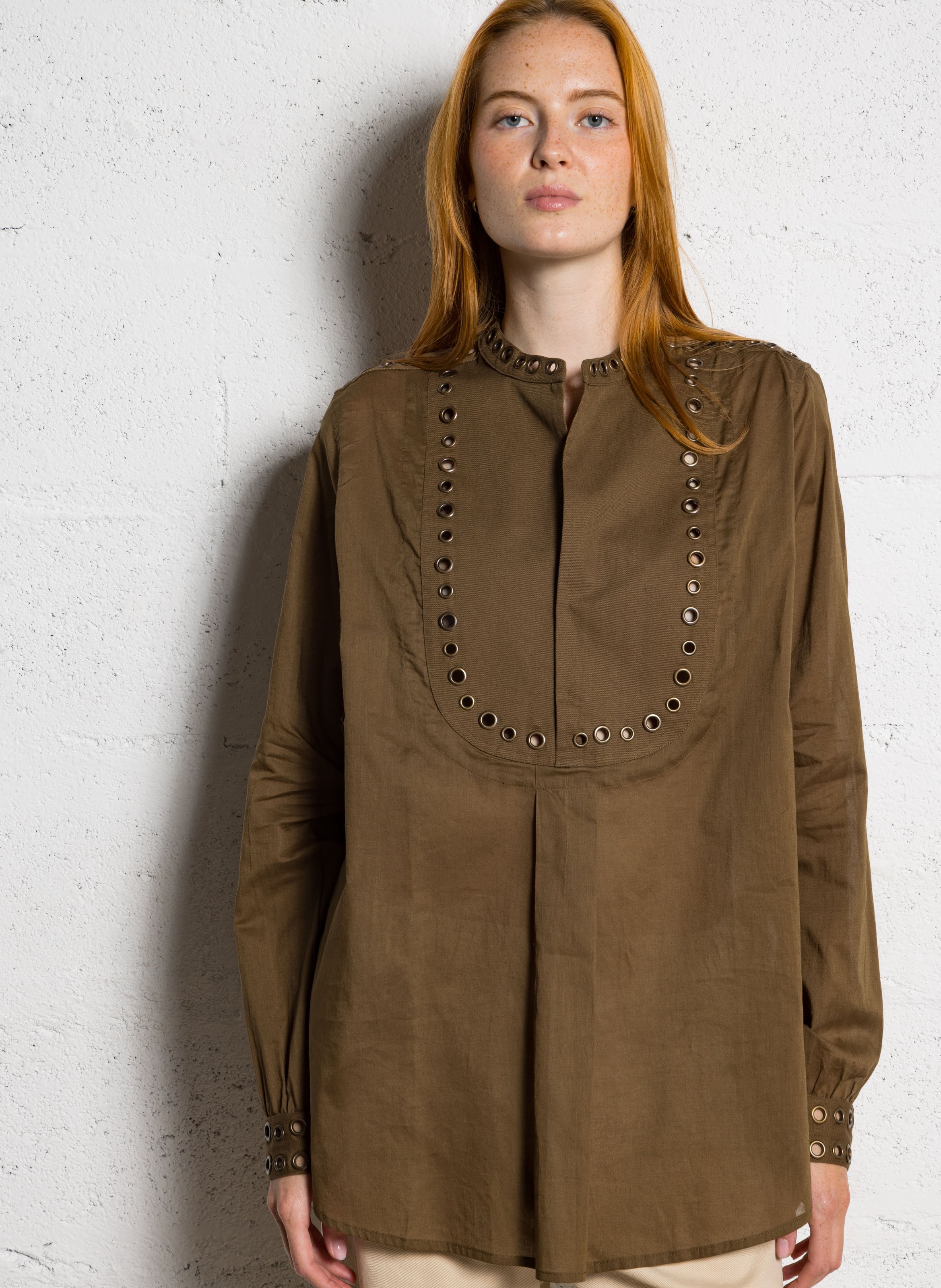 Top ample col tunisien en coton MES DEMOISELLES Kaki