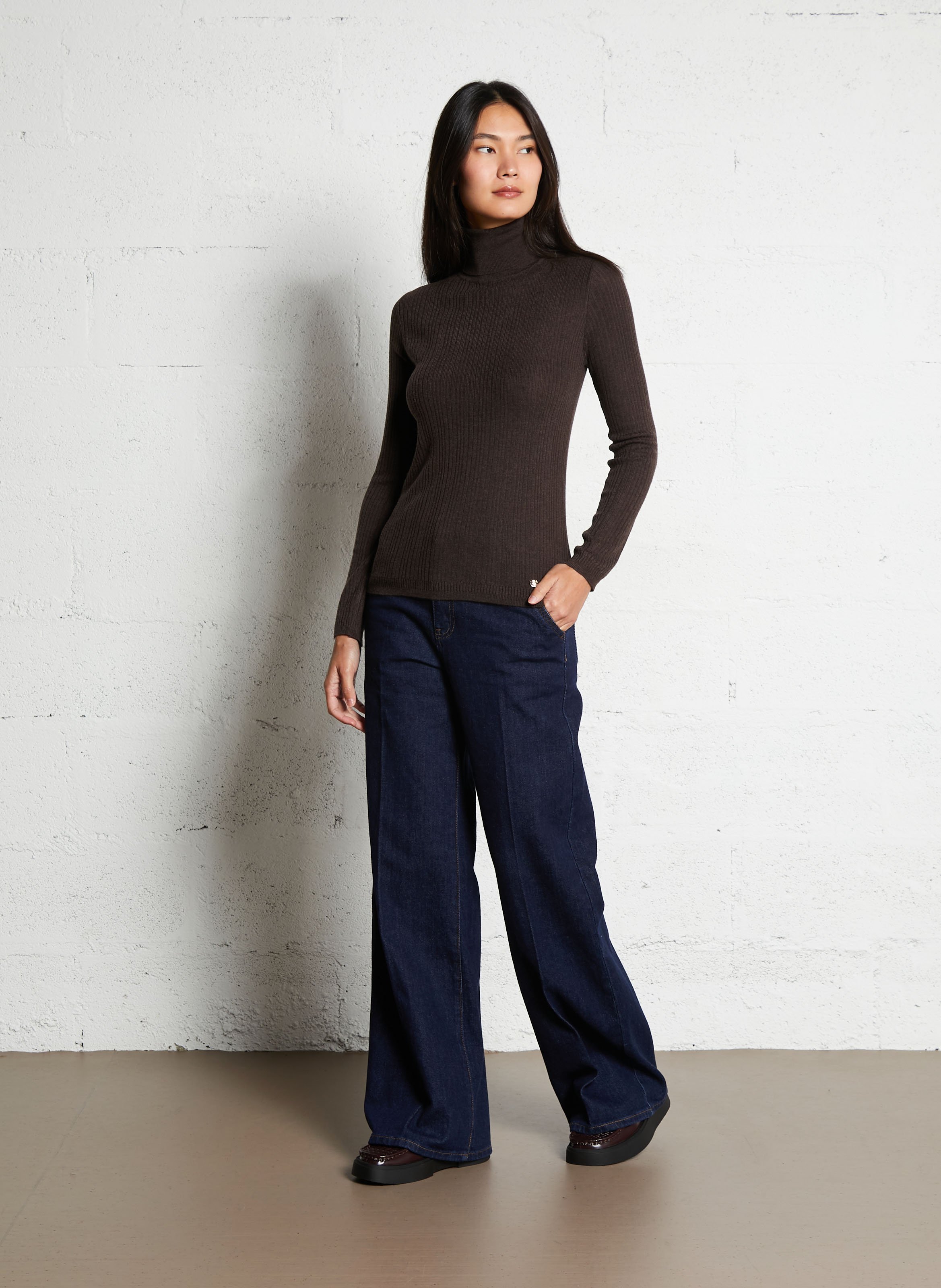 Pull droit col roulé en maille LA PETITE ETOILE Marron