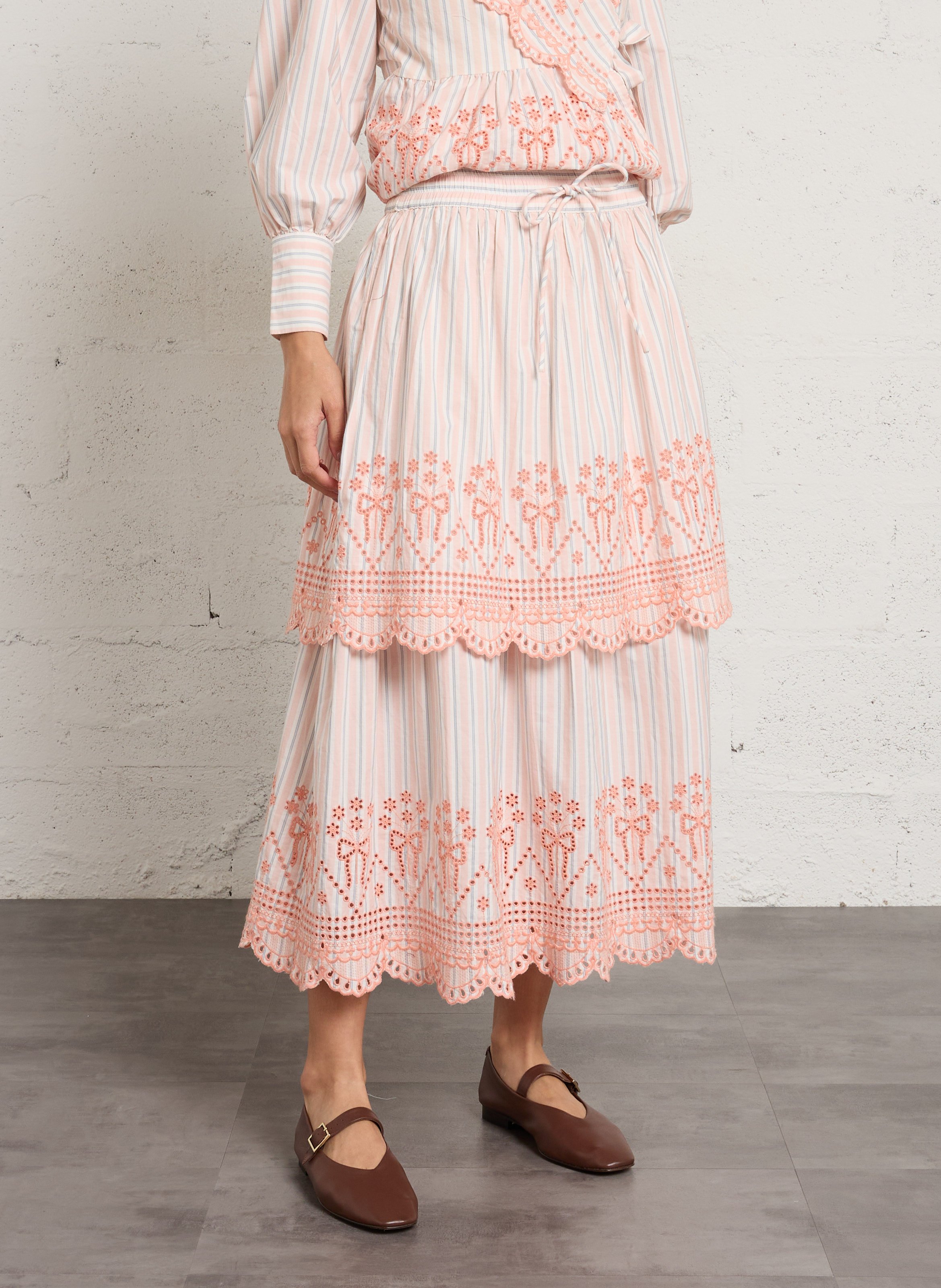 Long organic cotton striped and embroidered skirt DAMSON MADDER Orange