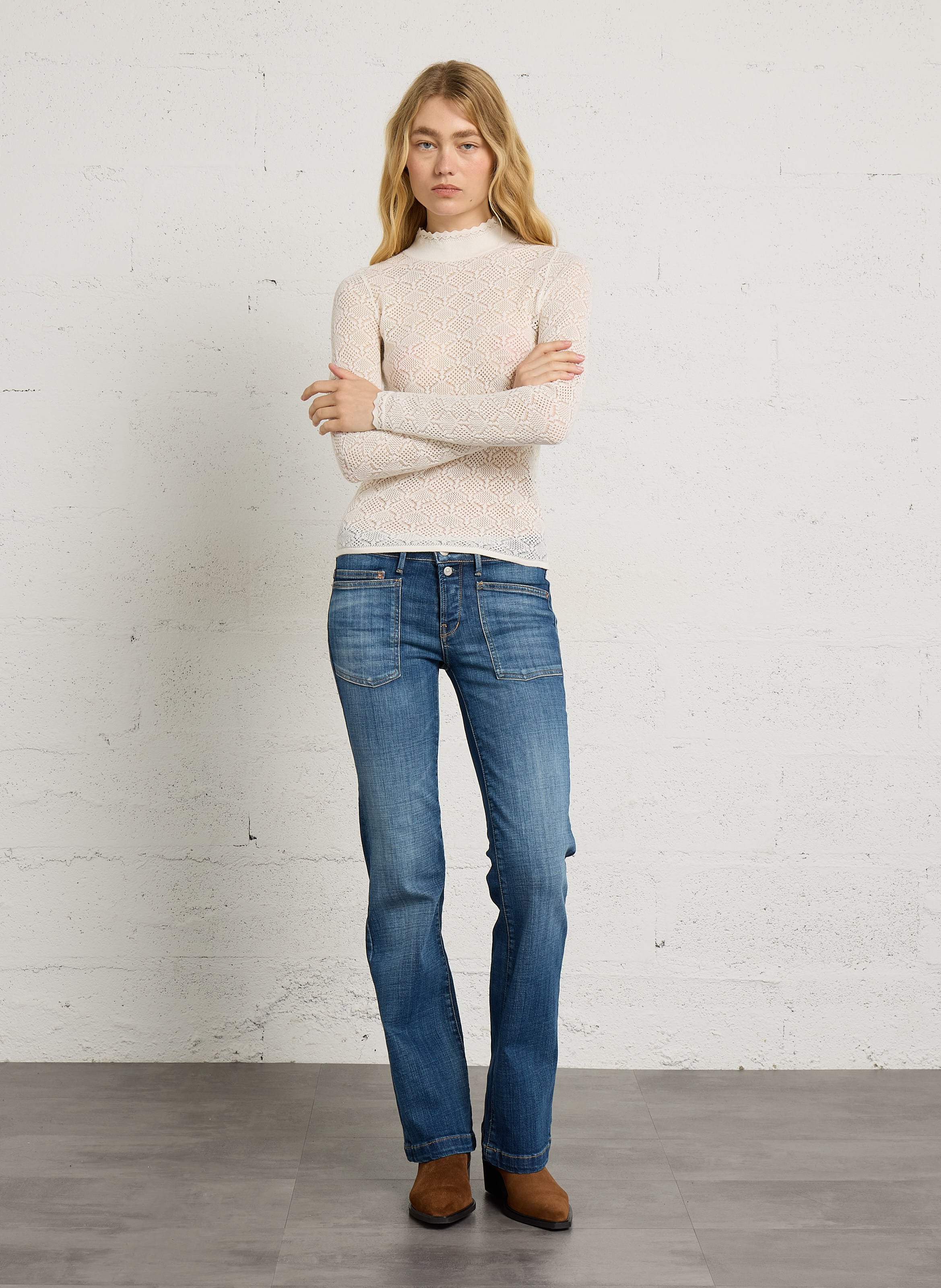 Pull à col montant fin en maille ajourée dentelle PETITE MENDIGOTE Beige
