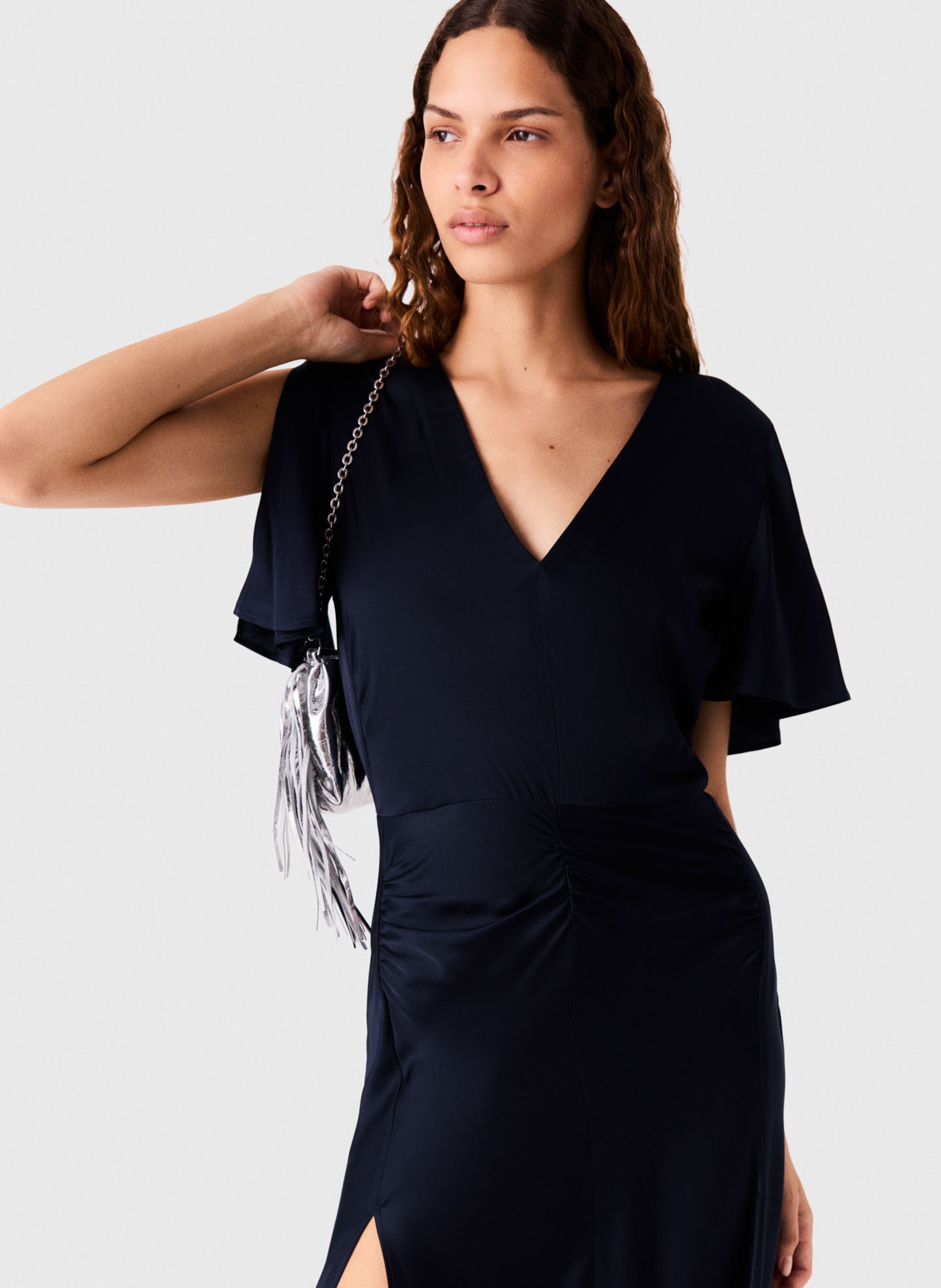 Lange gedrapeerde jurk met satijneffect MAJE Blauw