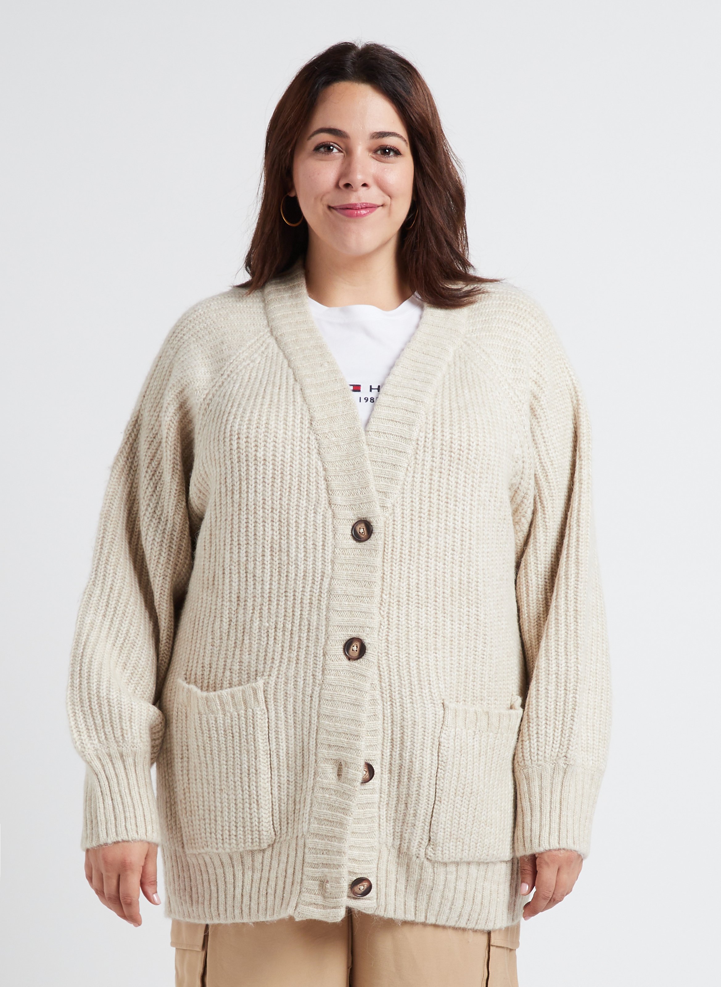 Cardigan oversize col V boutonne Beige