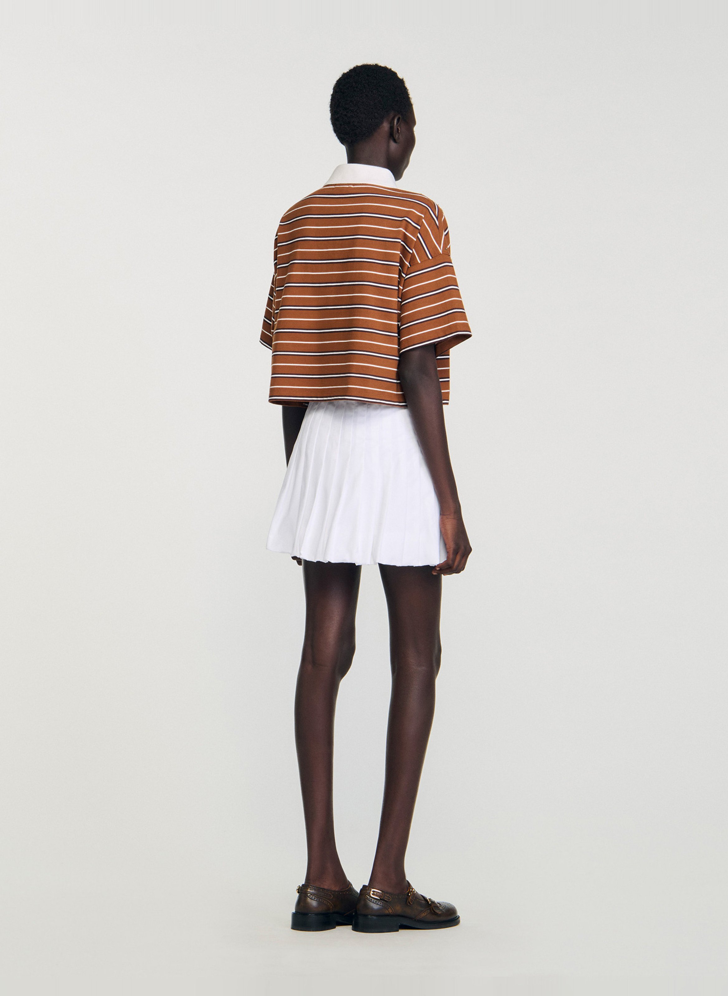 Tee-shirt rayé en coton col classique SANDRO Marron