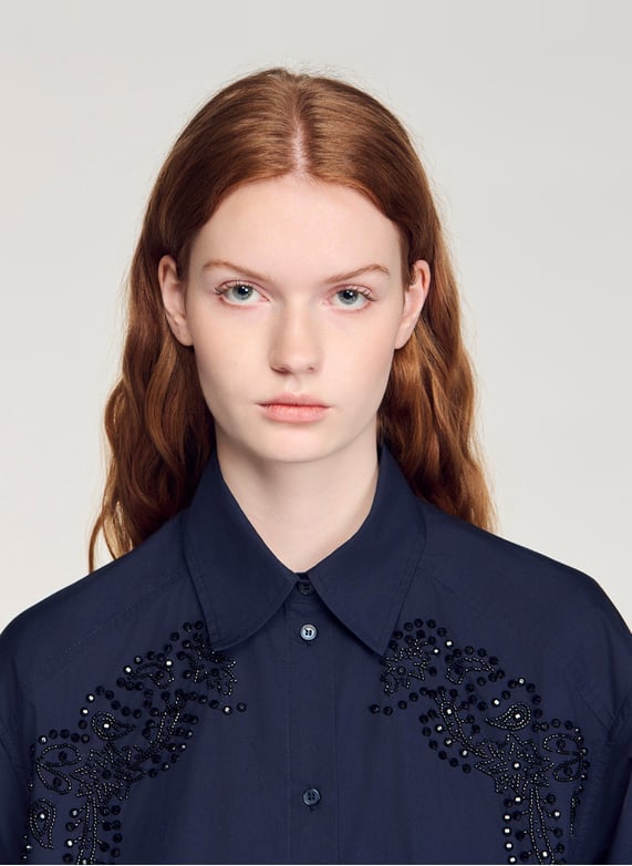 Chemise courte en denim bleu pour femme | Sandro Paris Chemise courte en denim bleu pour femme | Sandro Paris