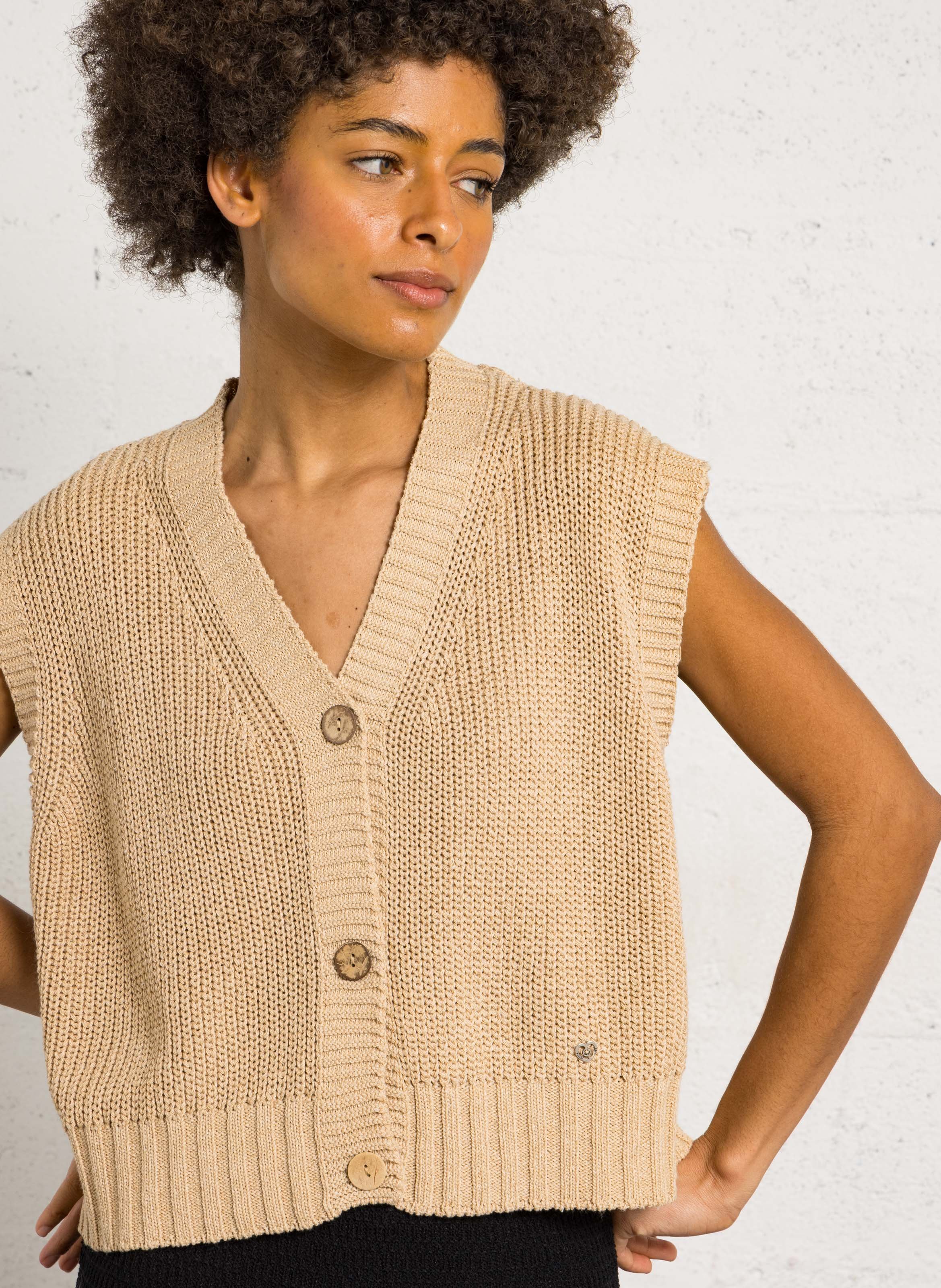 Oversized V-neck cotton blend vest PLEASE Beige