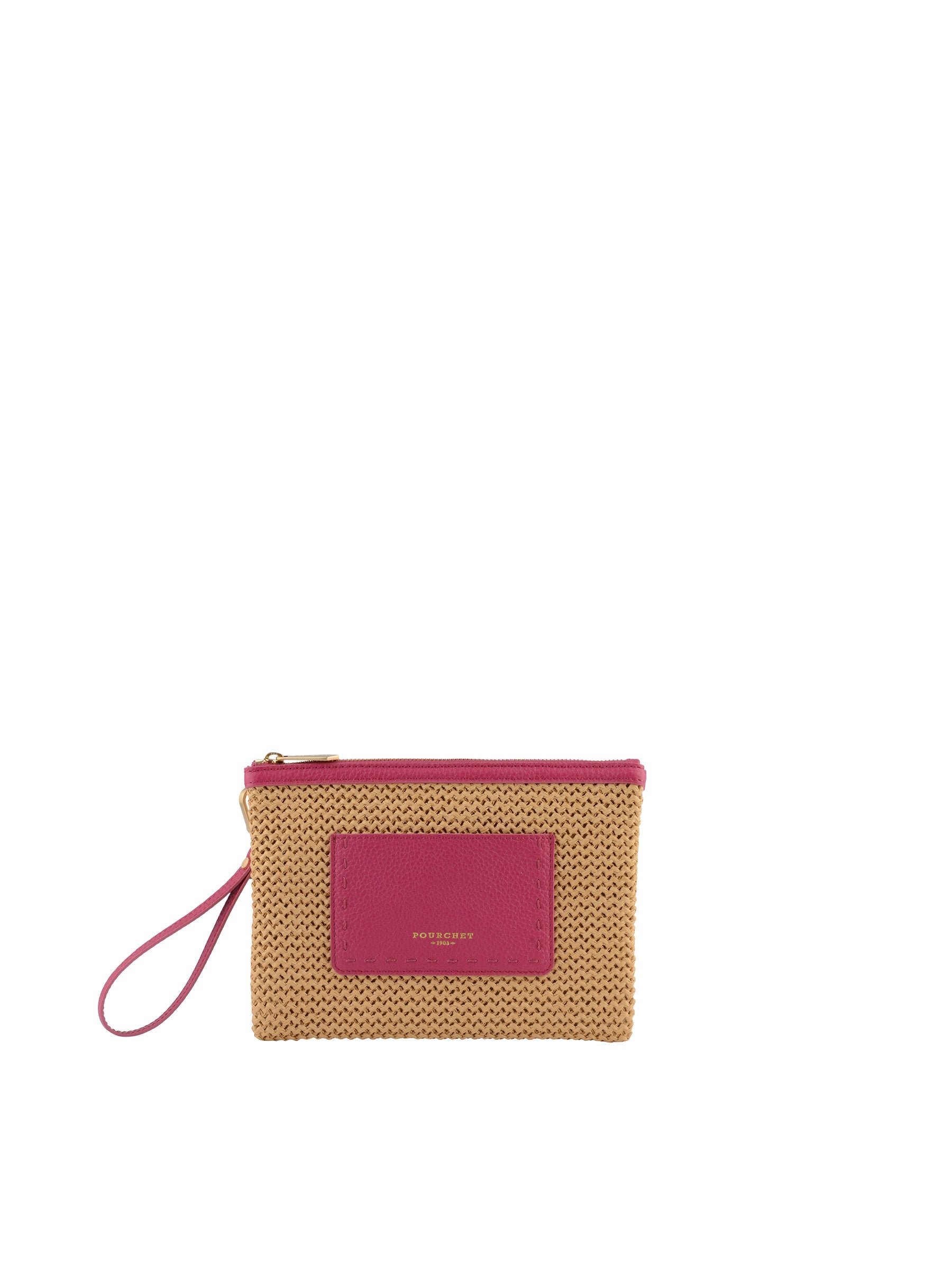 Straw clutch with leather trim POURCHET Pink