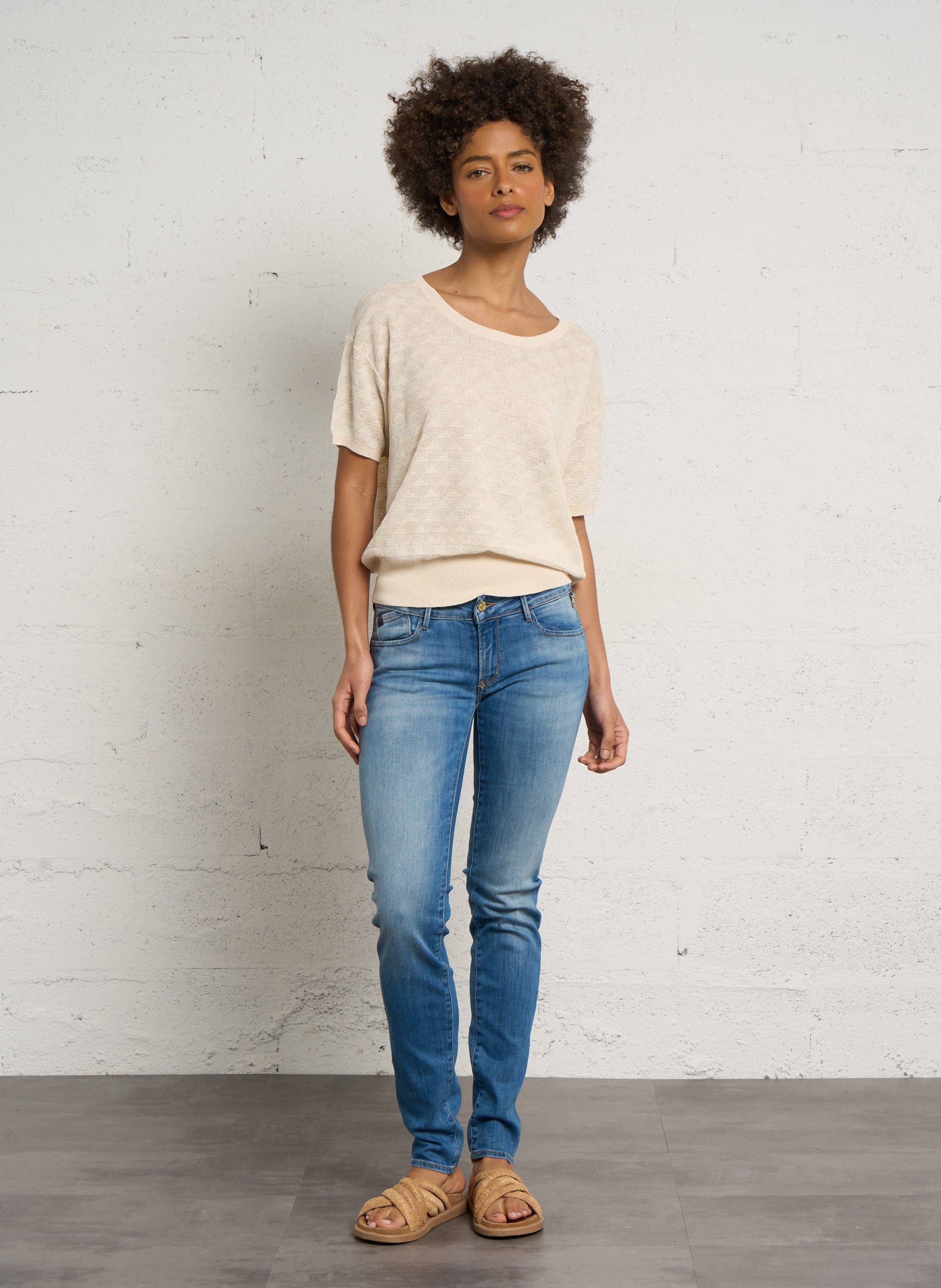 Rundhalsausschnitt Kurzarm-Texturpullover BENSIMON Beige