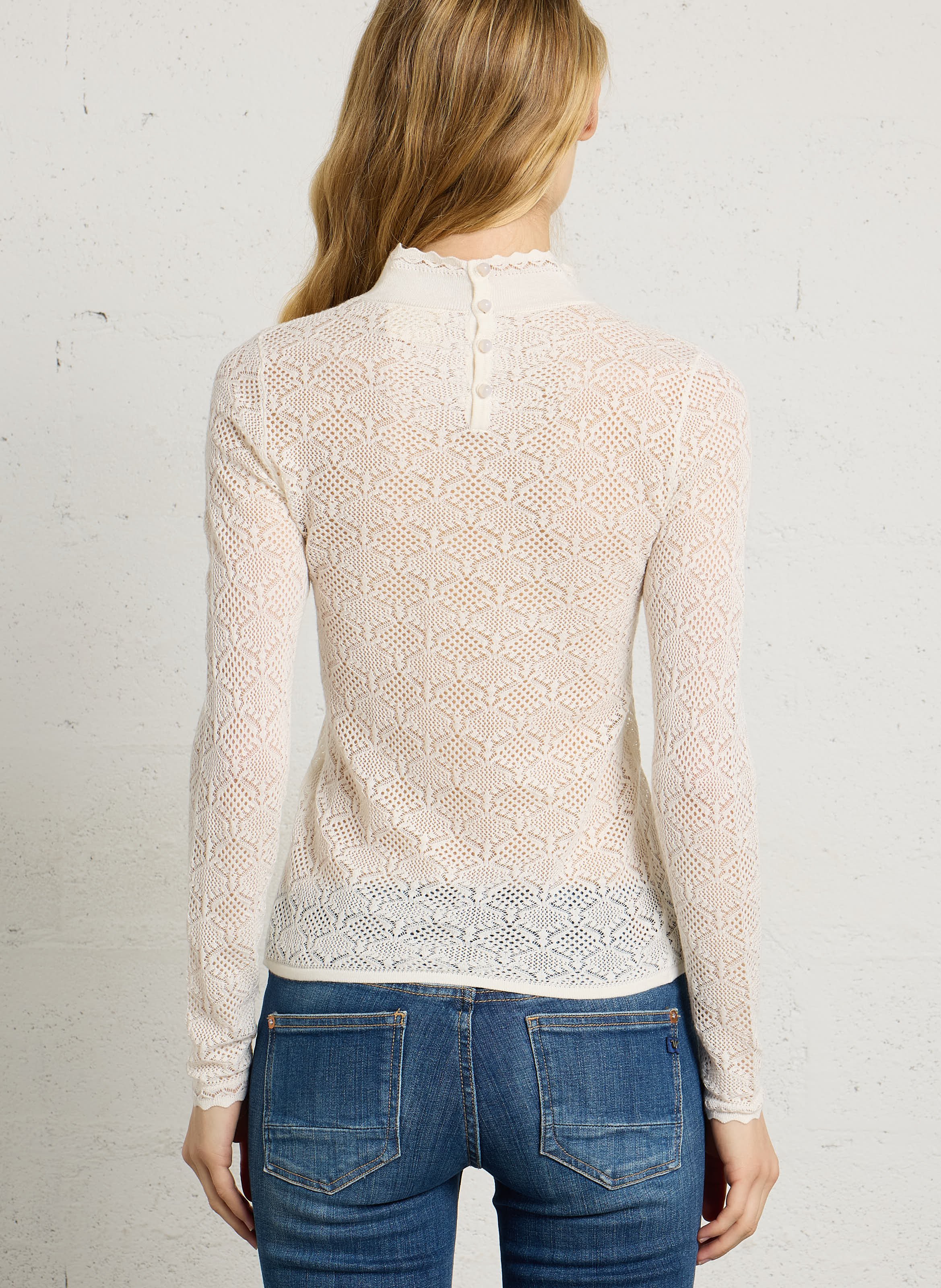 Pull à col montant fin en maille ajourée dentelle PETITE MENDIGOTE Beige