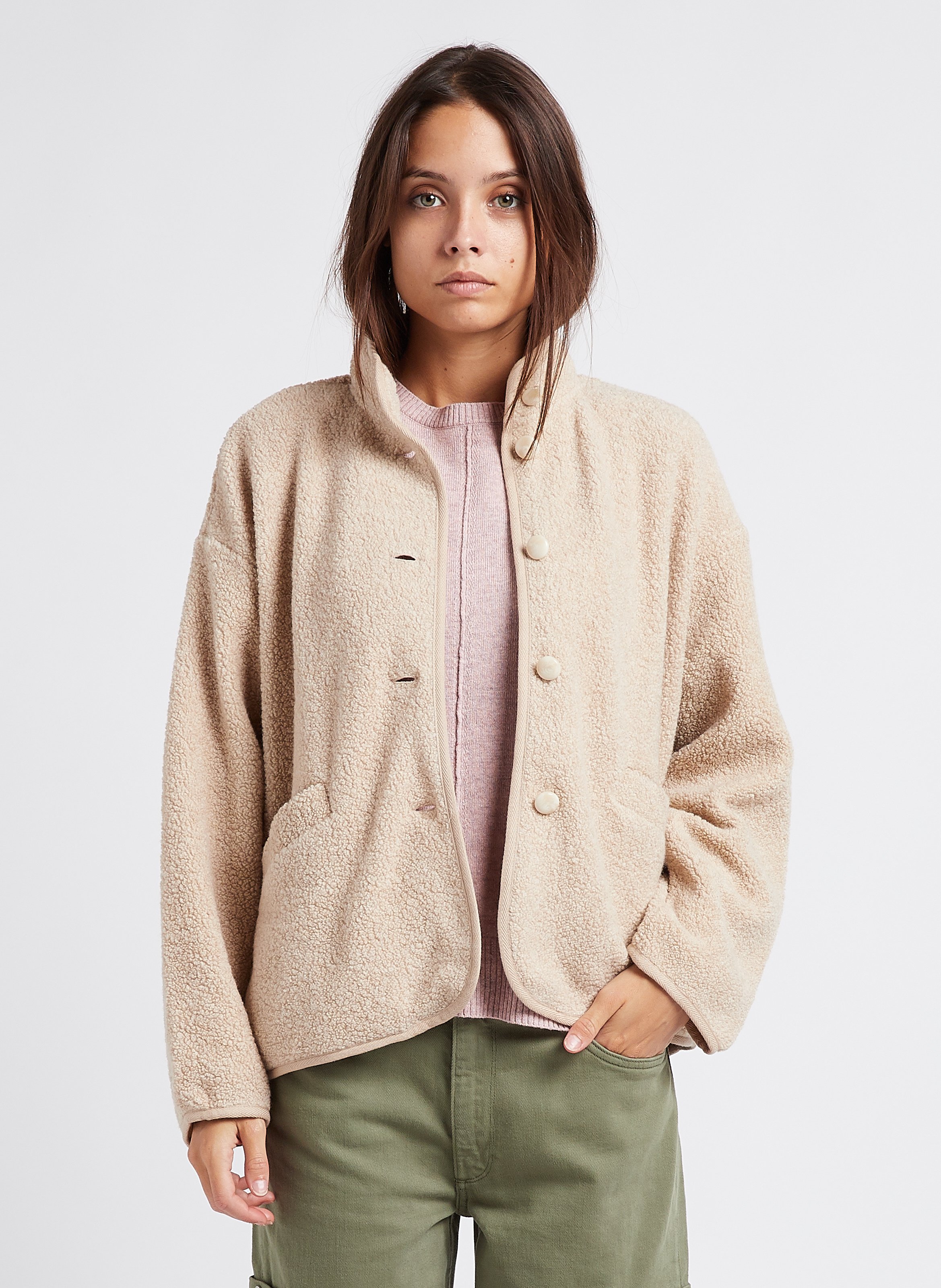 Veste col montant en laine m lang e Beige