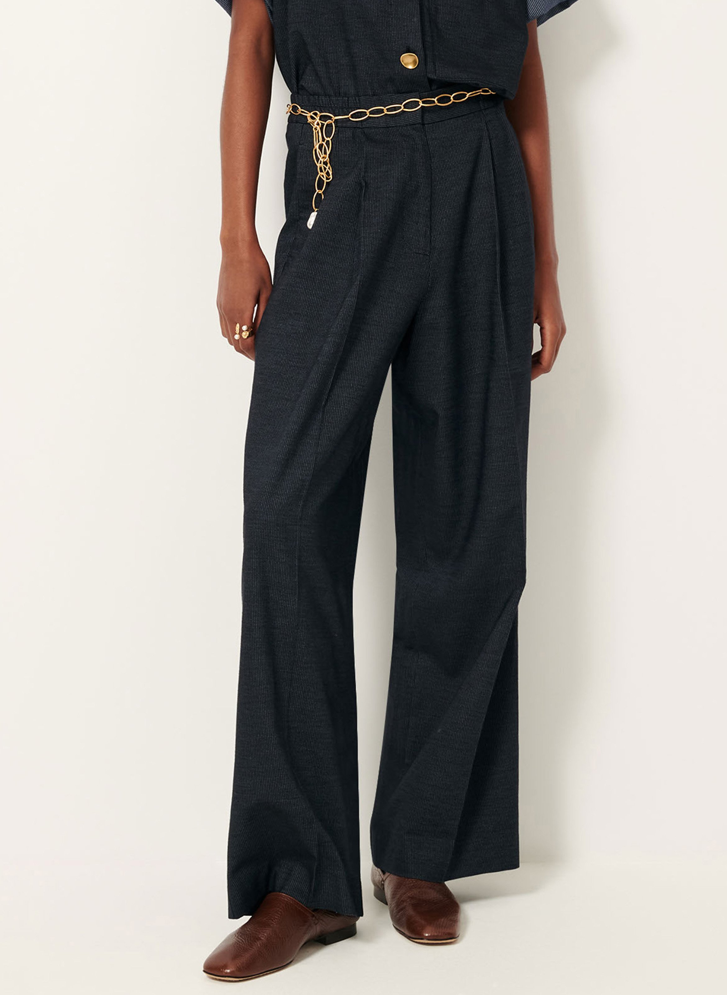 High-waisted straight-leg trousers in oxford fabric SESSUN Blue