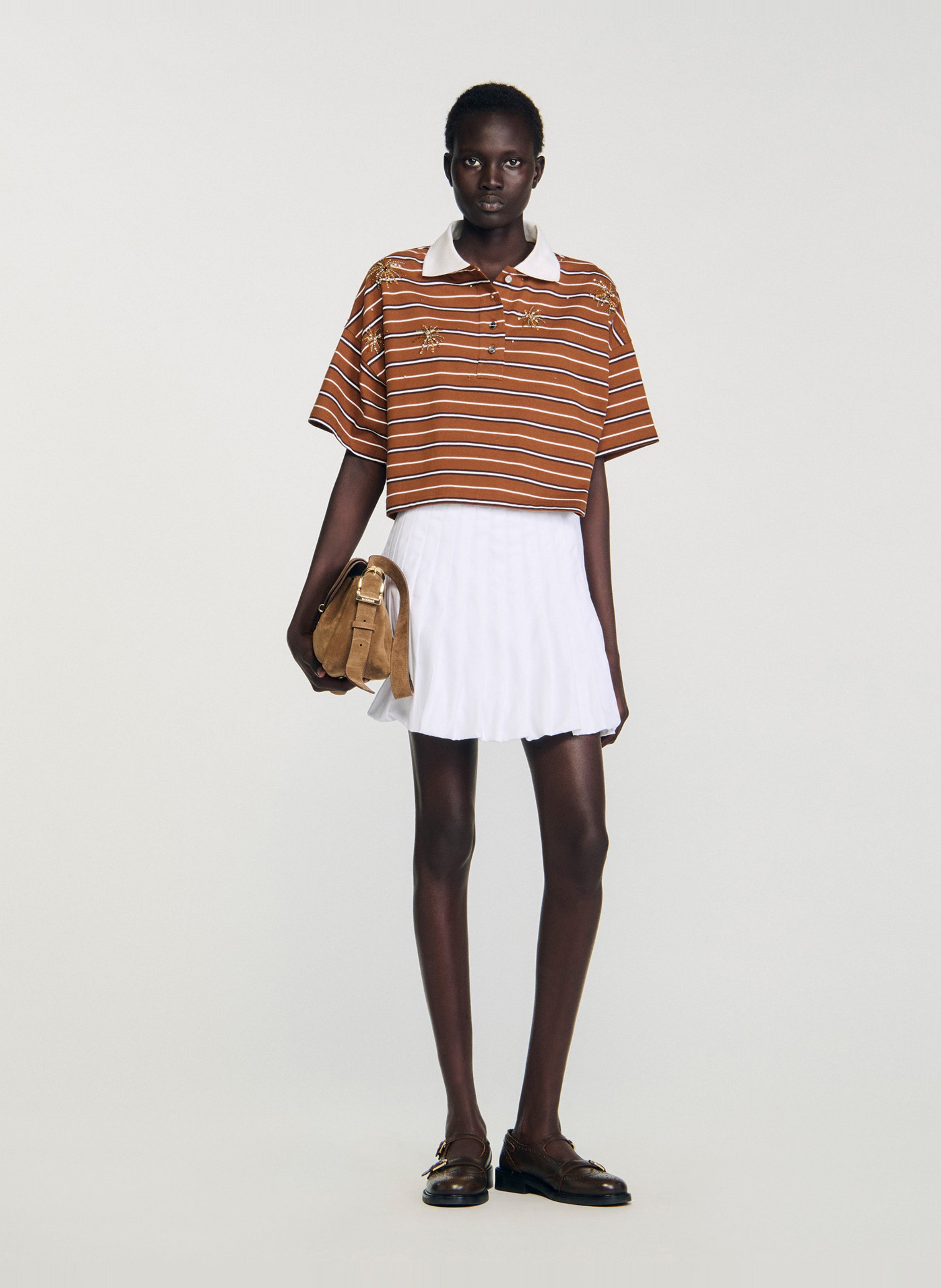 Tee-shirt rayé en coton col classique SANDRO Marron