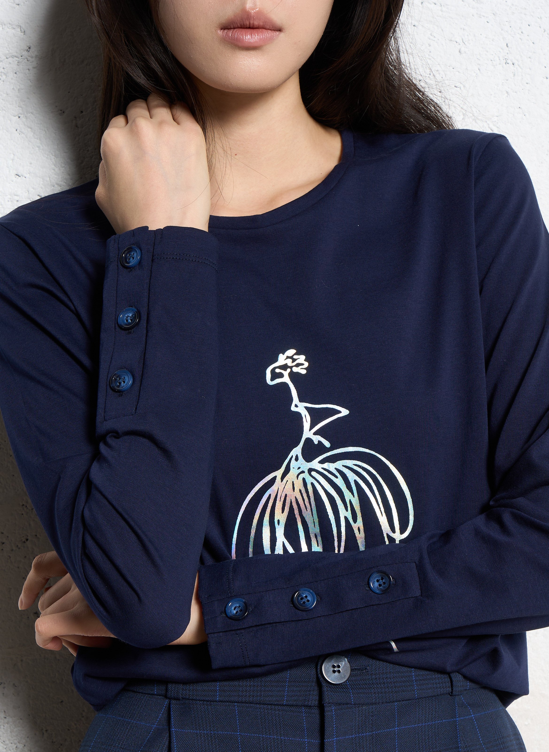 Long-sleeved screen-printed T-shirt ONE STEP Blue
