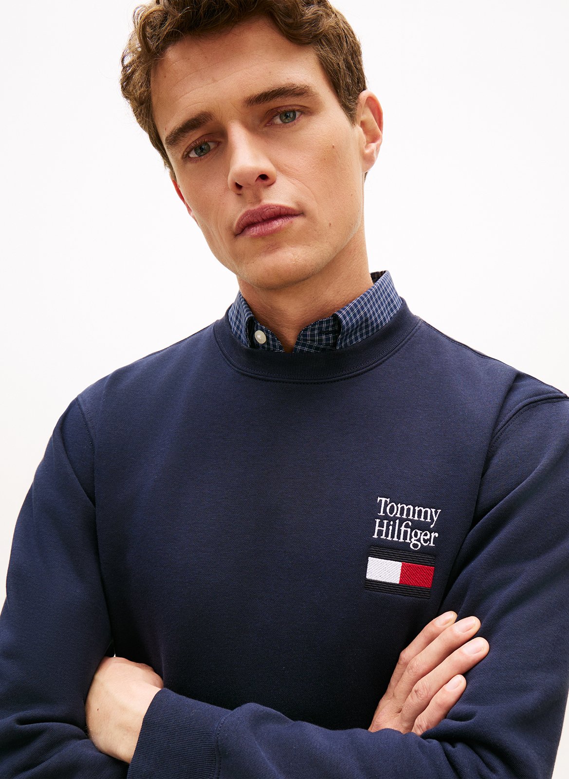 Straight-cut cotton-blend sweater with round neck TOMMY HILFIGER Blue