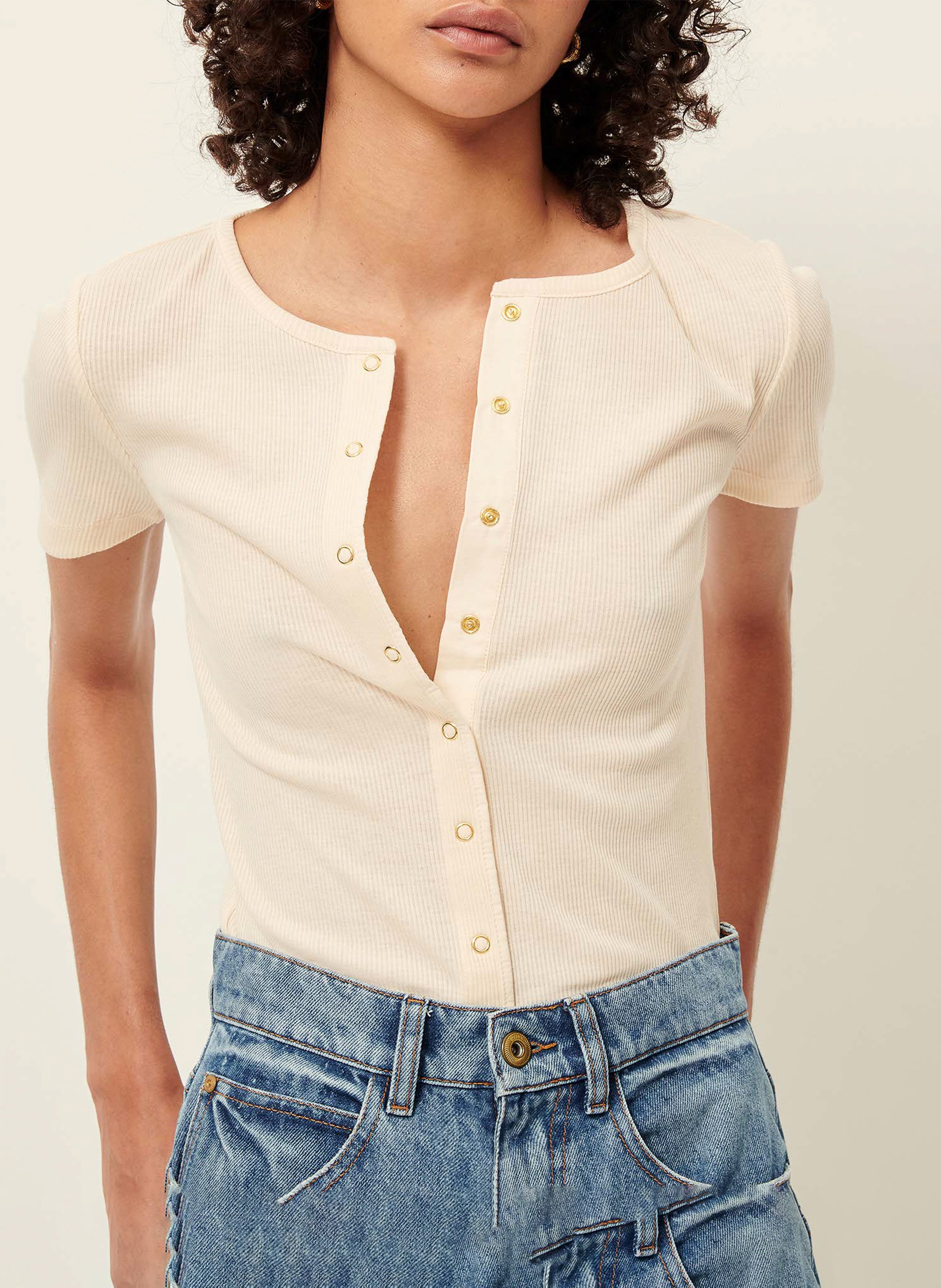 T-shirt met knoopsluiting in effen kleur en korte mouwen SESSUN Beige