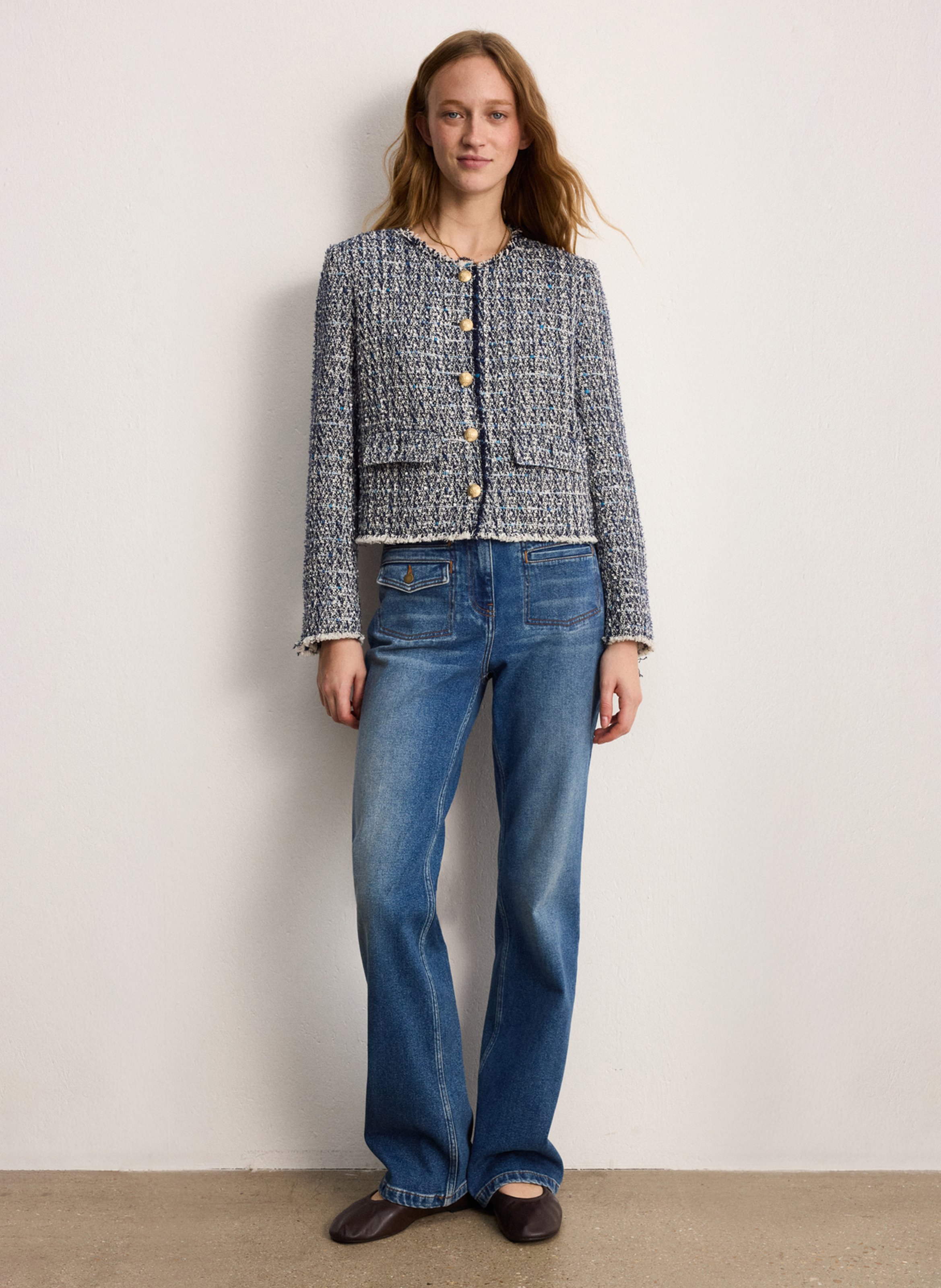 Veste droite col rond en jacquard PABLO Bleu