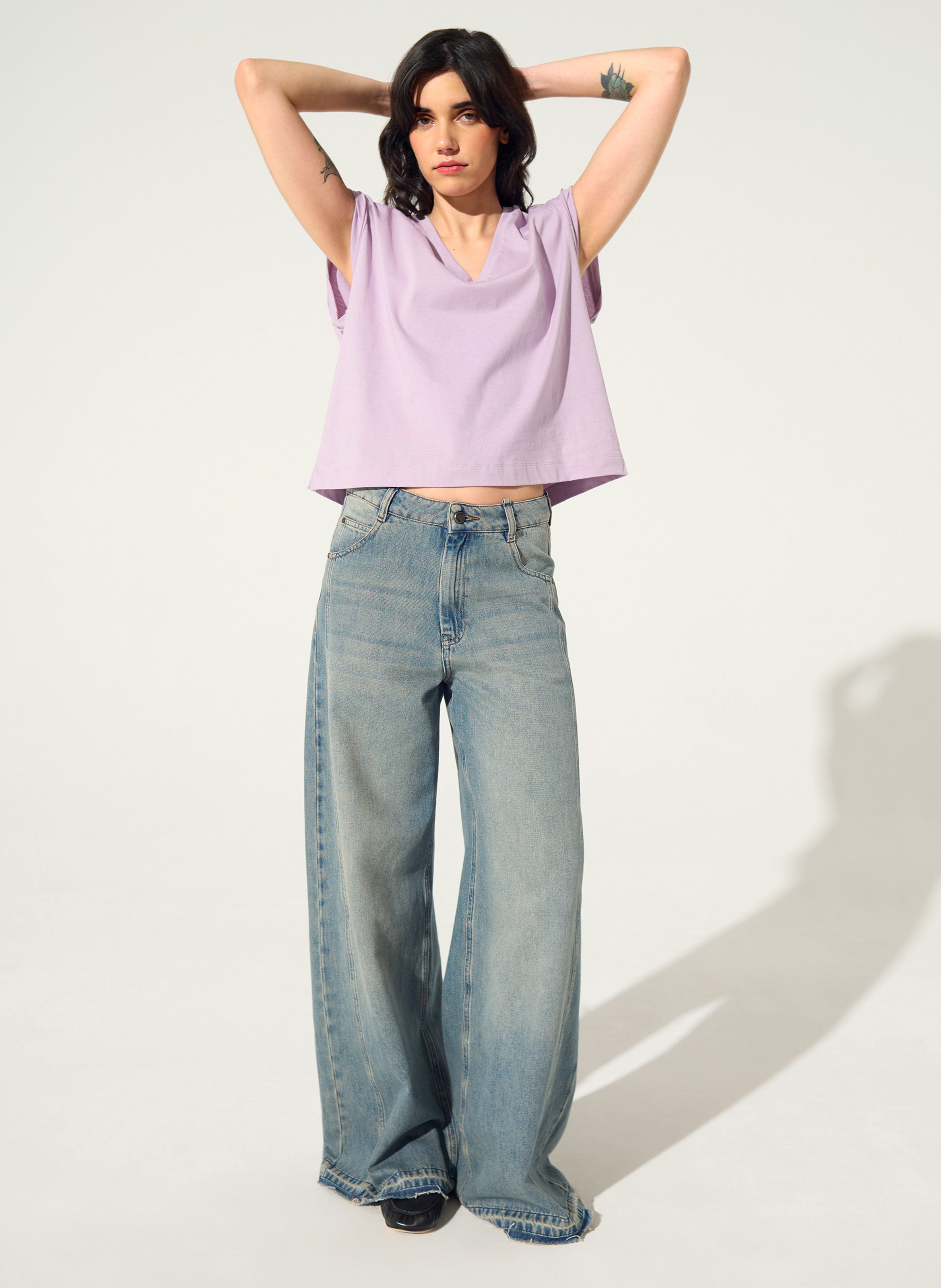 Tee-shirt droit col V en coton bio COTELAC Violet