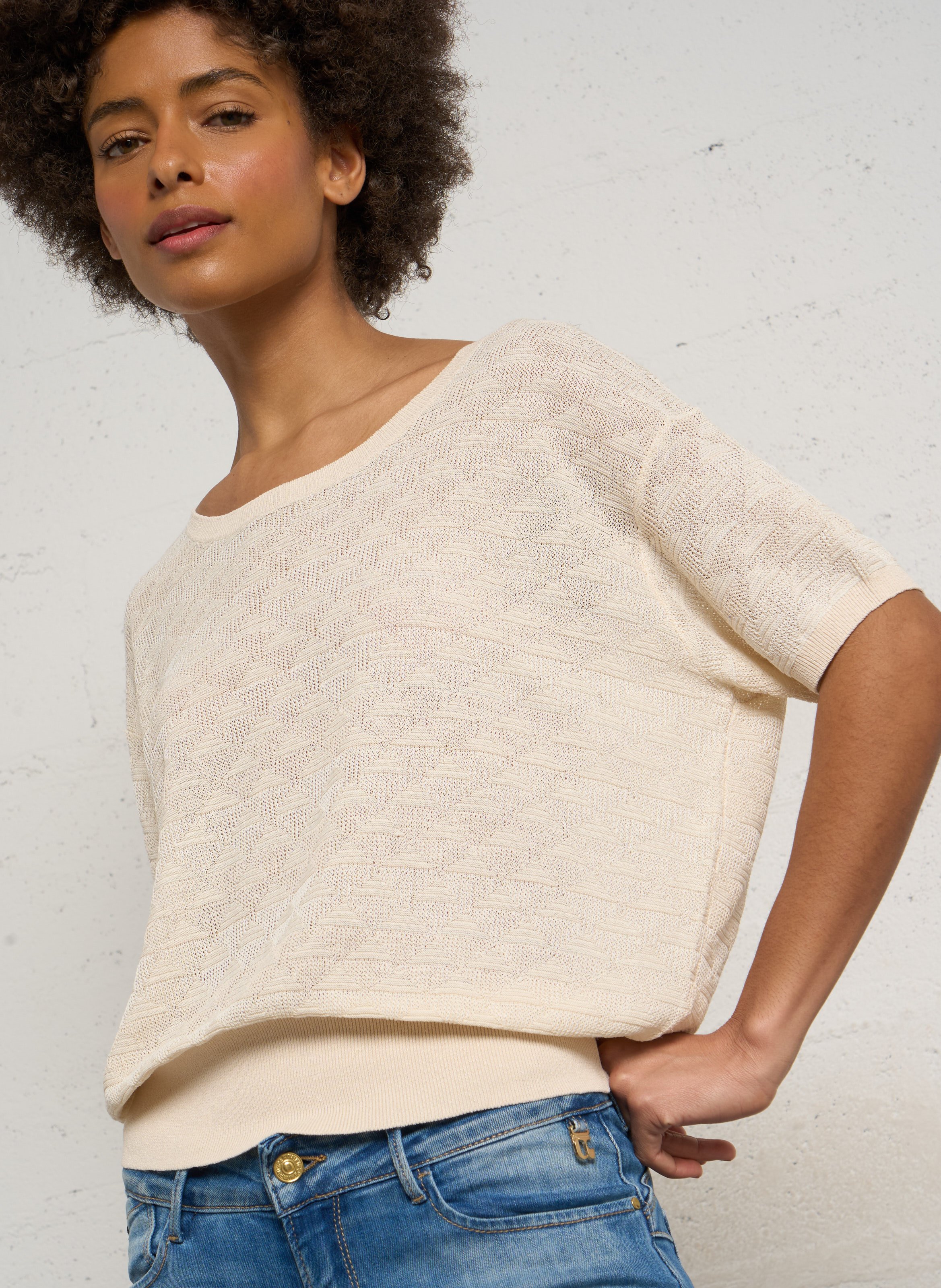 Rundhalsausschnitt Kurzarm-Texturpullover BENSIMON Beige