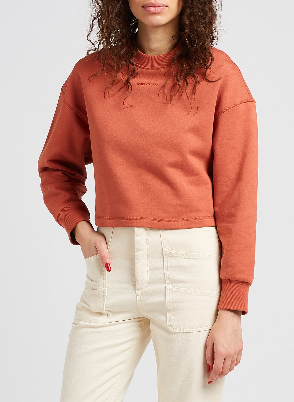 Cropped embroidered cotton sweatshirt with round neck NEW BALANCE Black