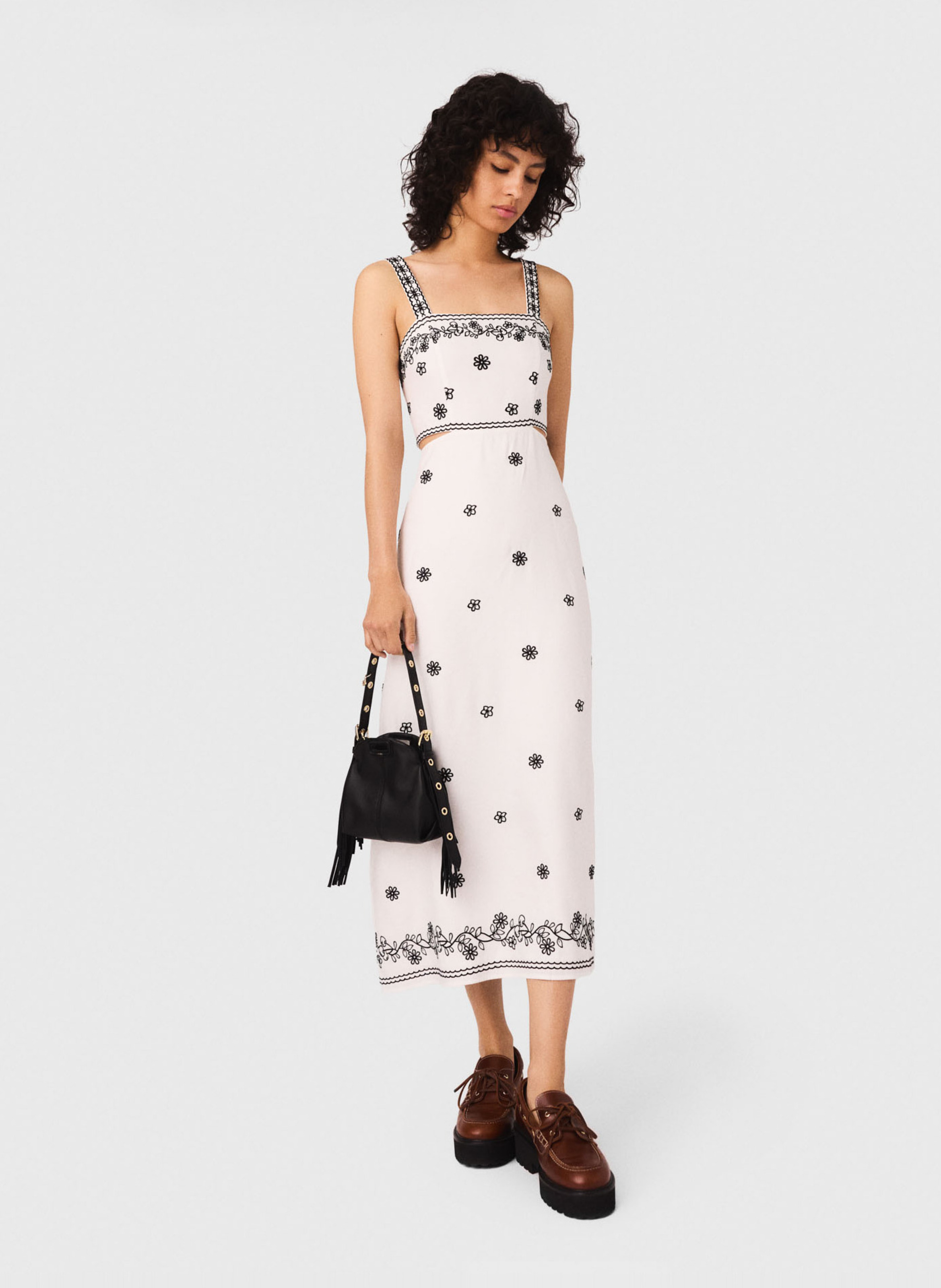 Square Neck Midi Linen Blend Dress MAJE Beige