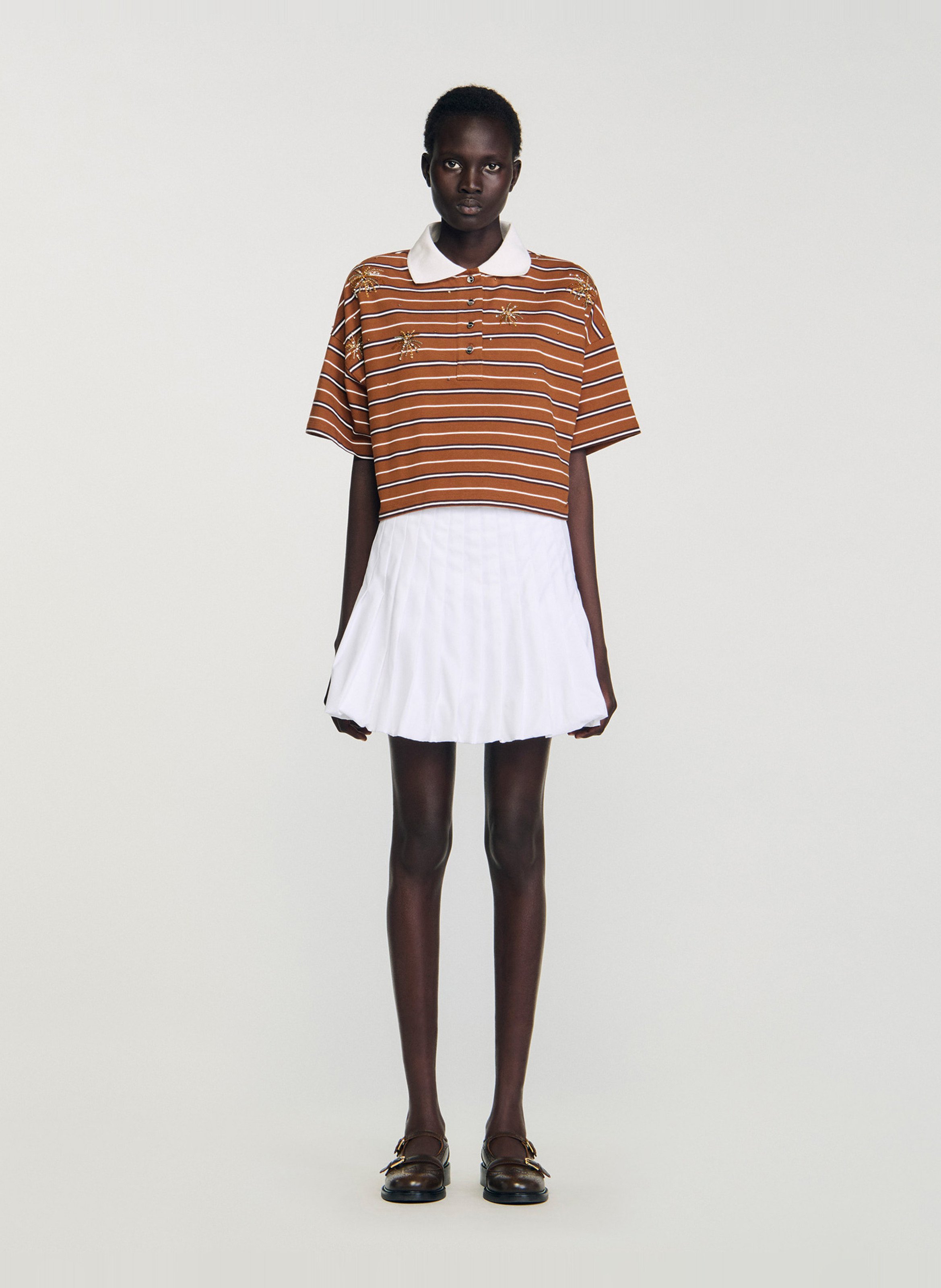 Tee-shirt rayé en coton col classique SANDRO Marron