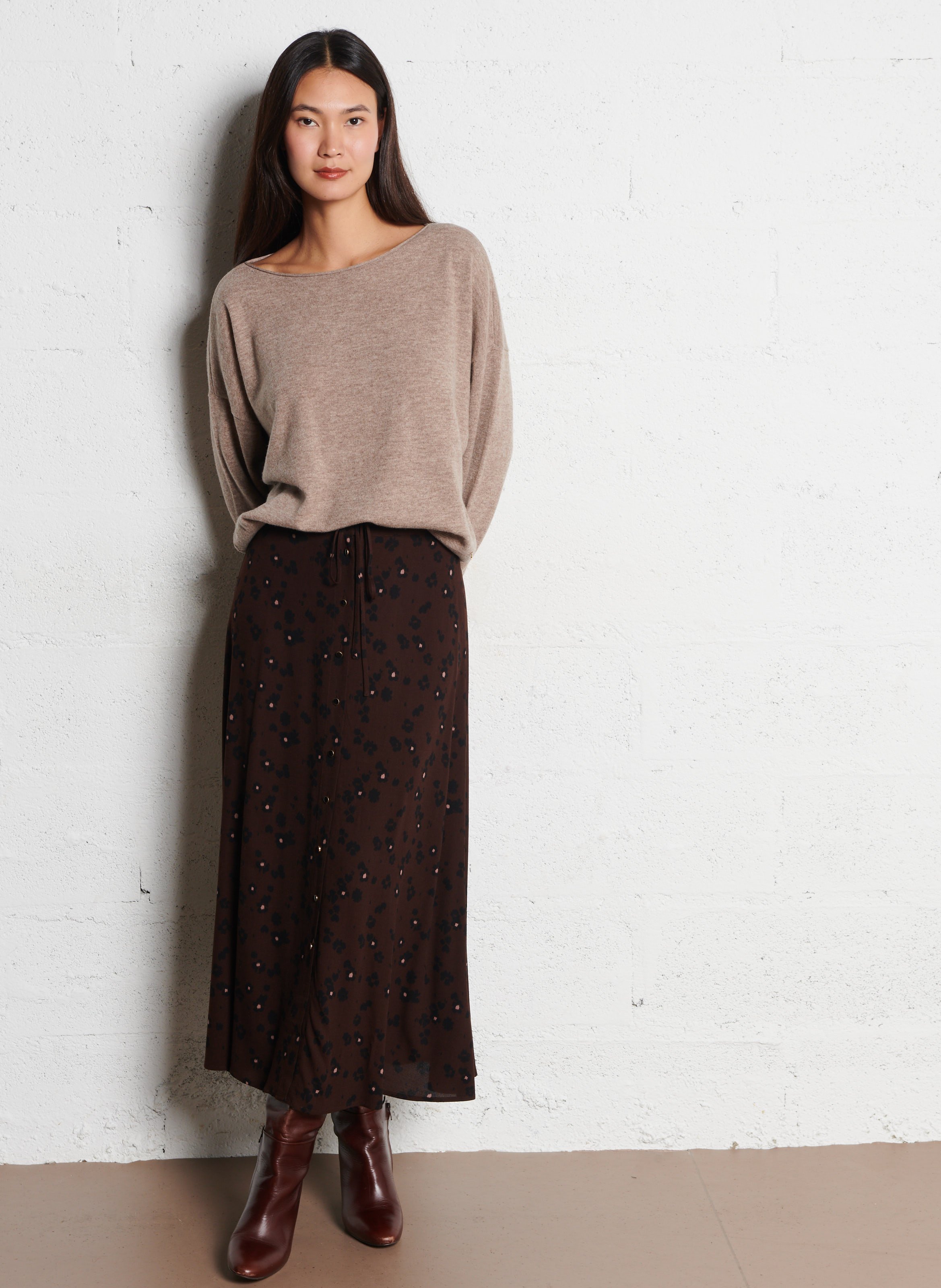 Wool boat neck sweater with rolled edges DES PETITS HAUTS Beige