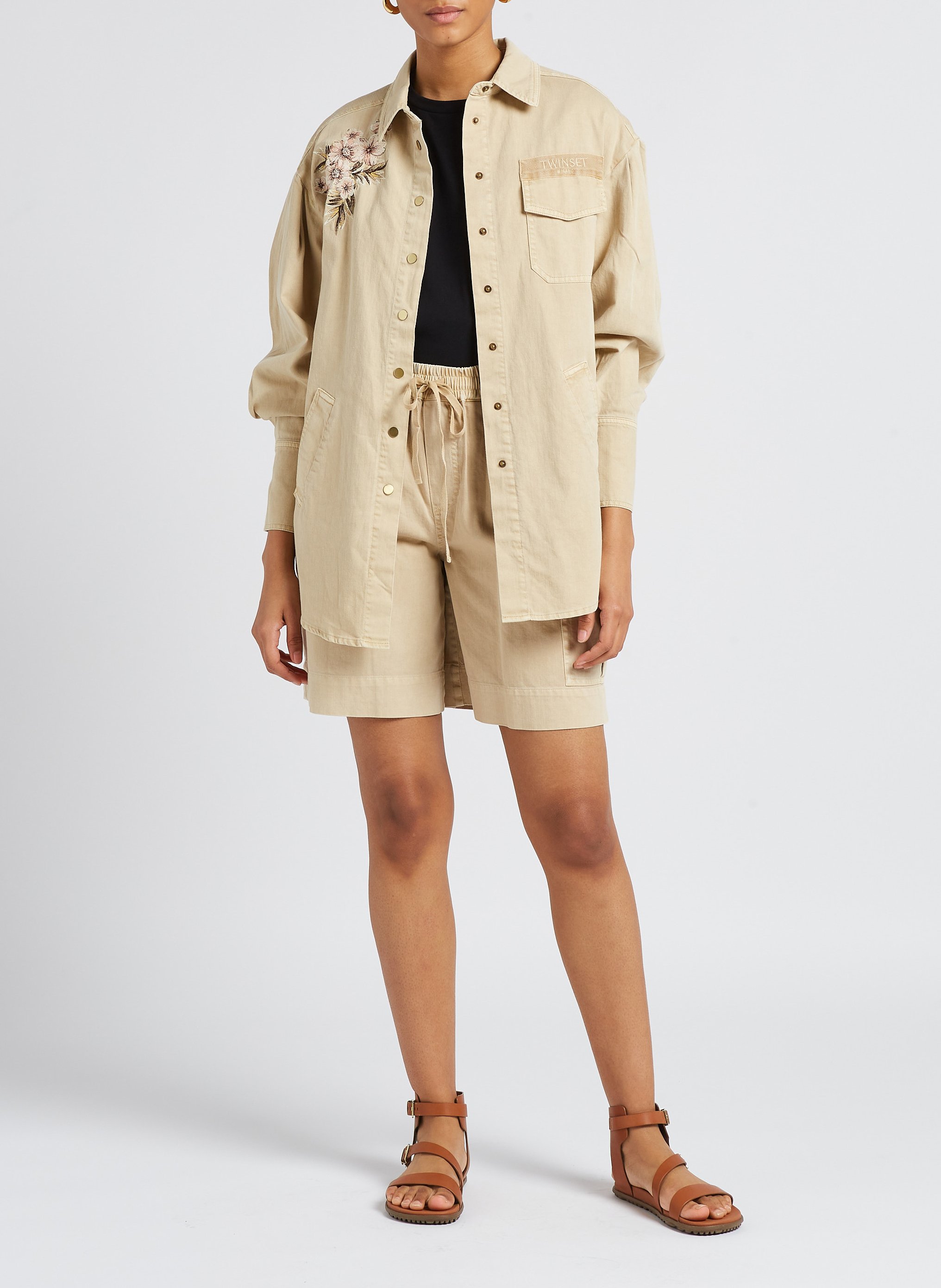 Embroidered cotton-blend high-waisted shorts TWINSET Beige