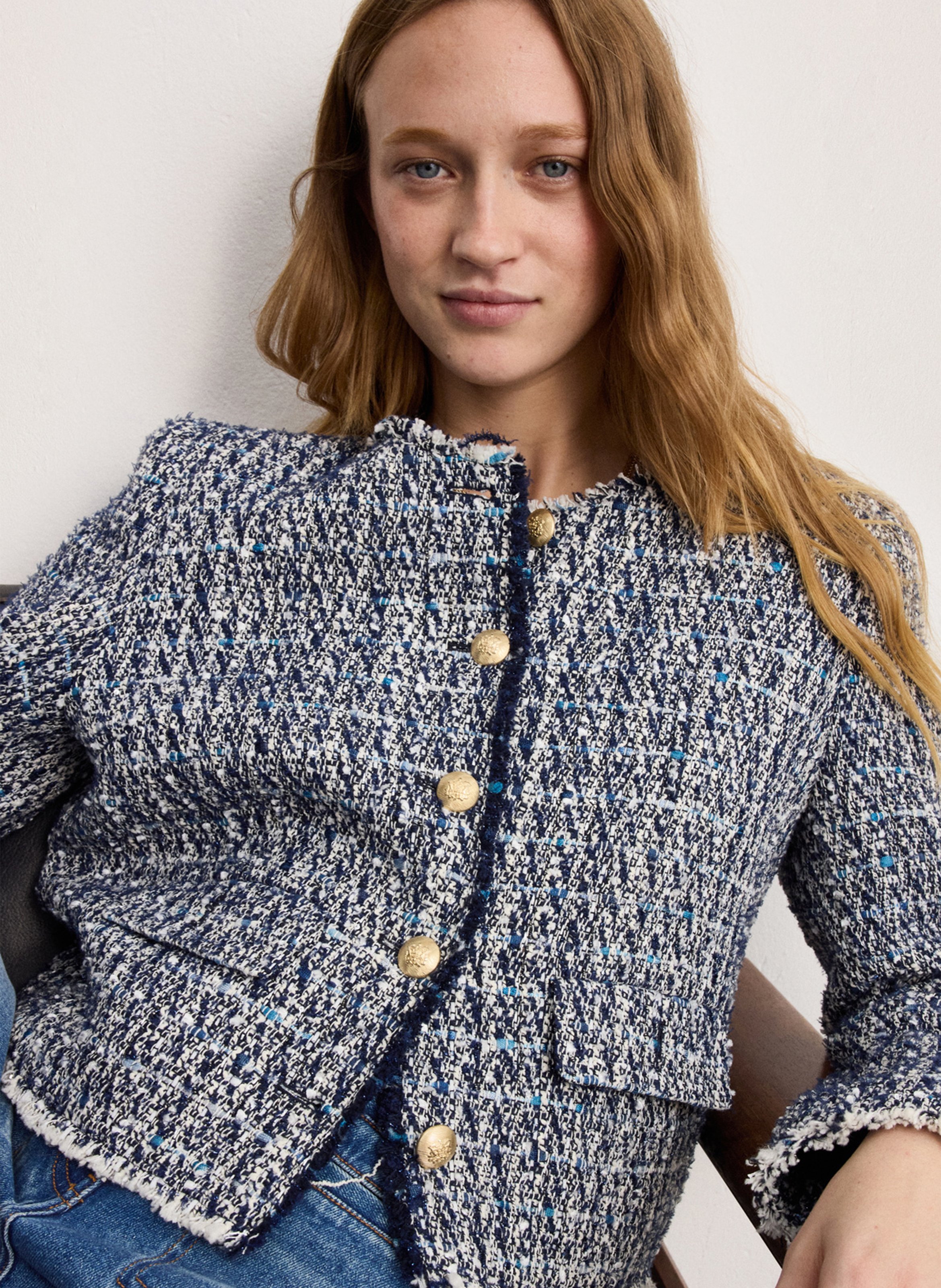 Veste droite col rond en jacquard PABLO Bleu