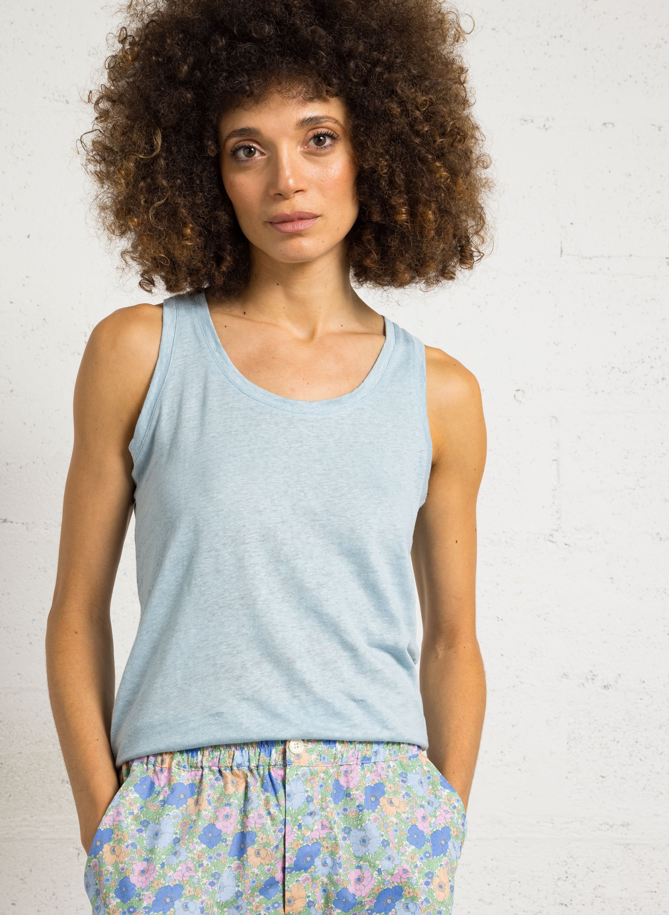 Singlet met ronde hals | linnenblend MAJESTIC FILATURES Blauw