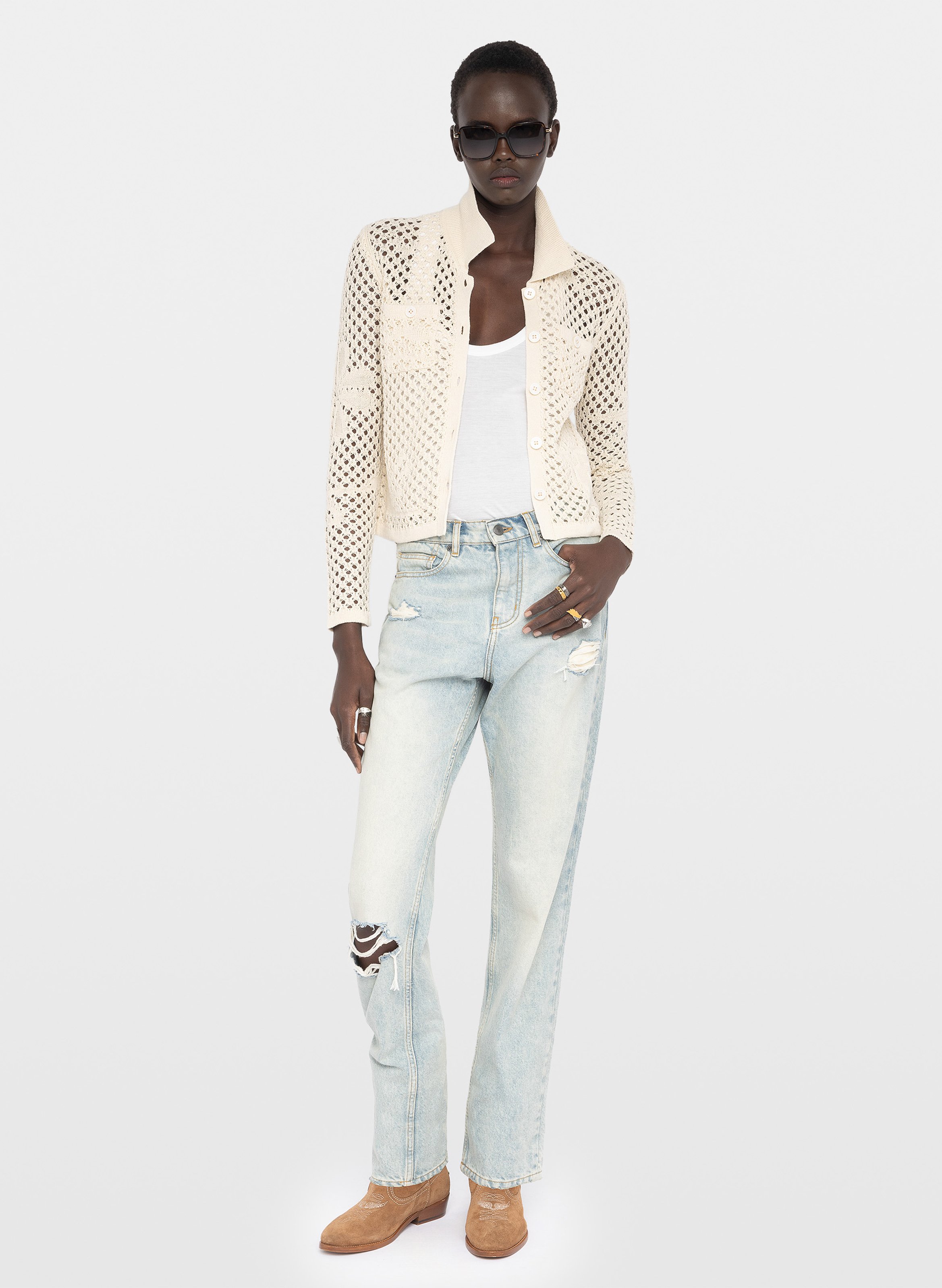 Cardigan droit col classique en coton et lin mélangé ZADIG&VOLTAIRE Blanc