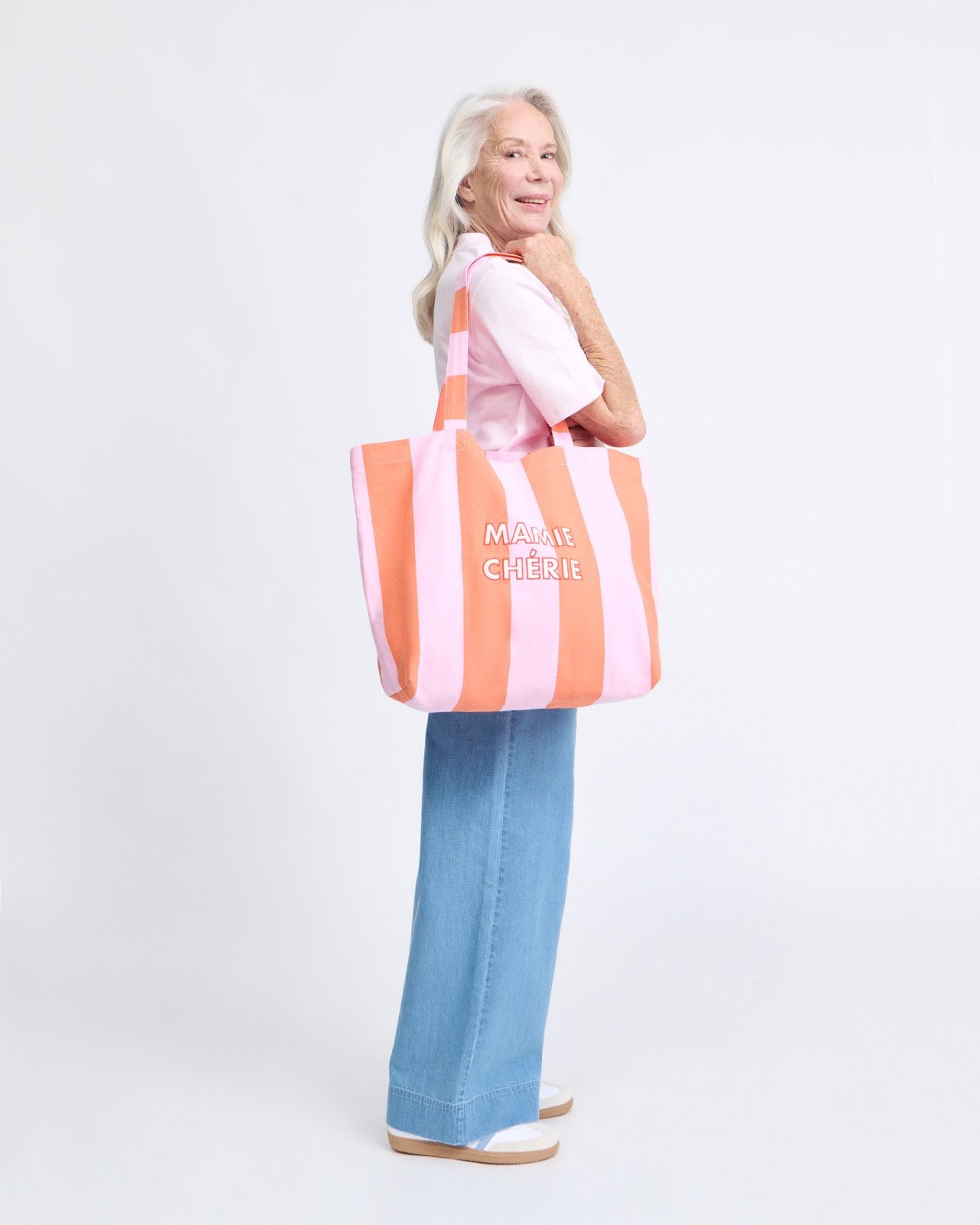 Cabas rayé brodé mamie chérie EMOI EMOI Orange