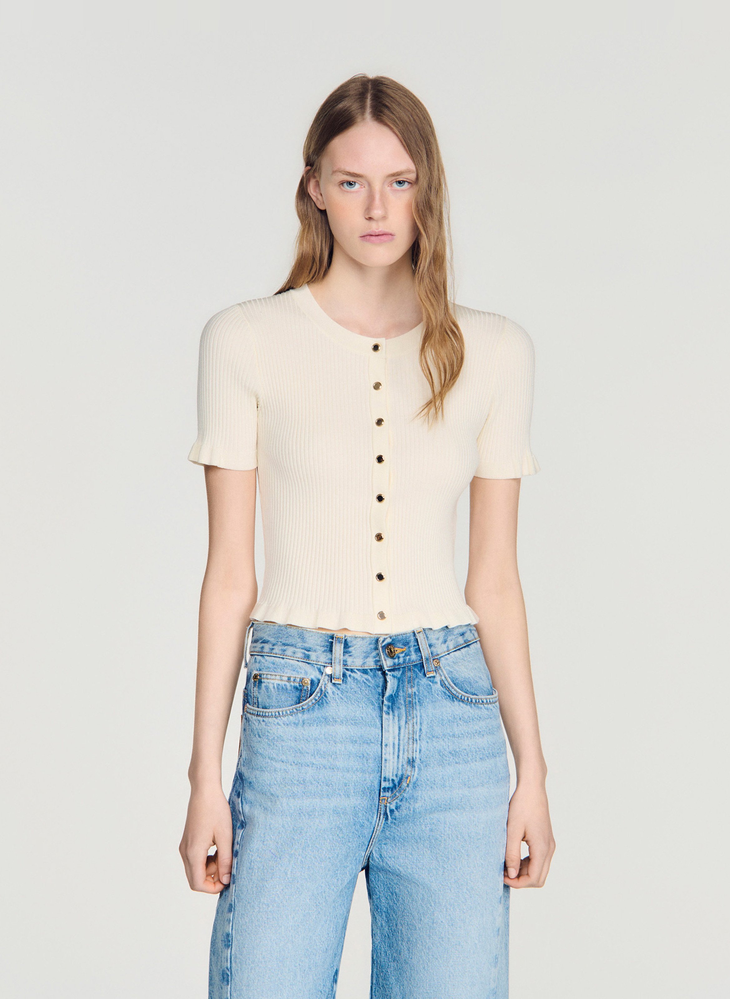 Aansluitende geribbelde ronde hals top SANDRO Beige