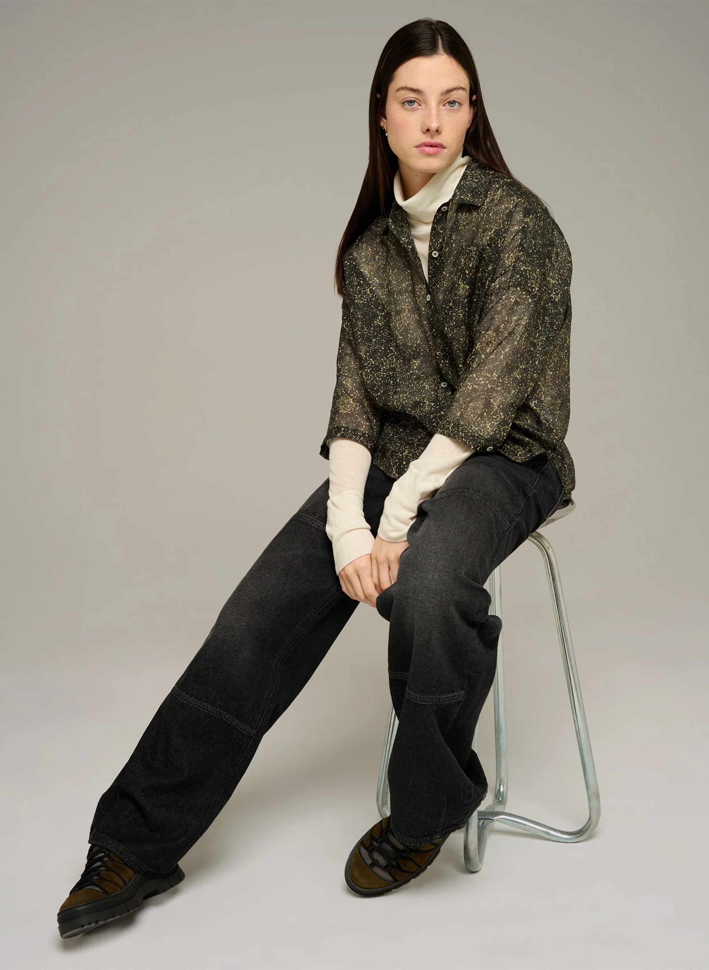 Straight shirt with classic collar in printed cotton and silk blend COTELAC ACOTE Black