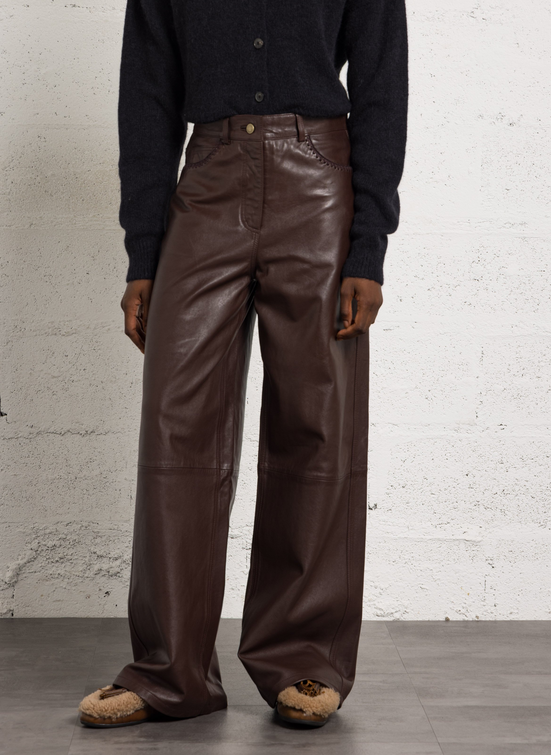 Wide-leg leather pants MOMONI Brown