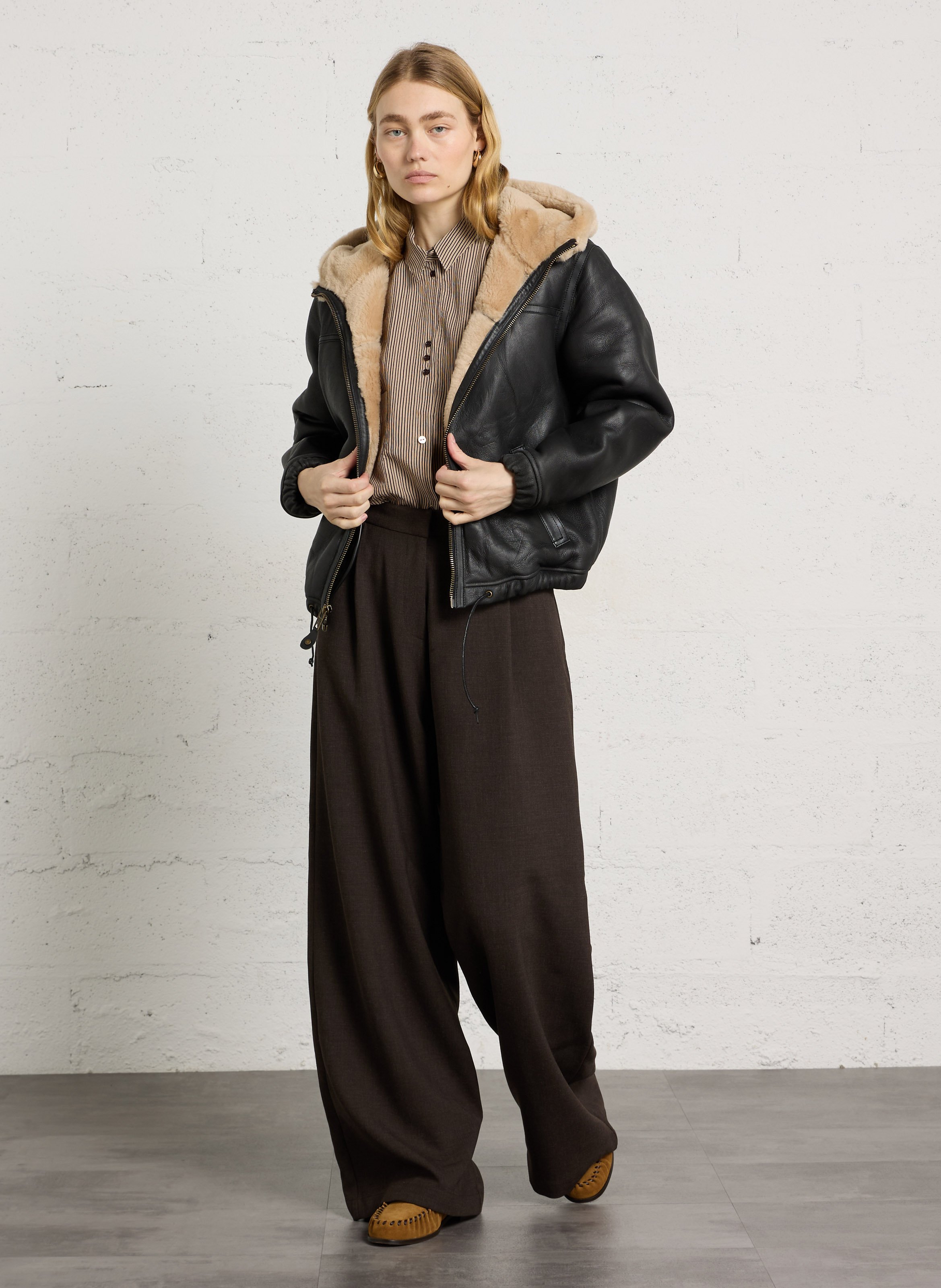 Oversized leather jacket SCHOTT Brown