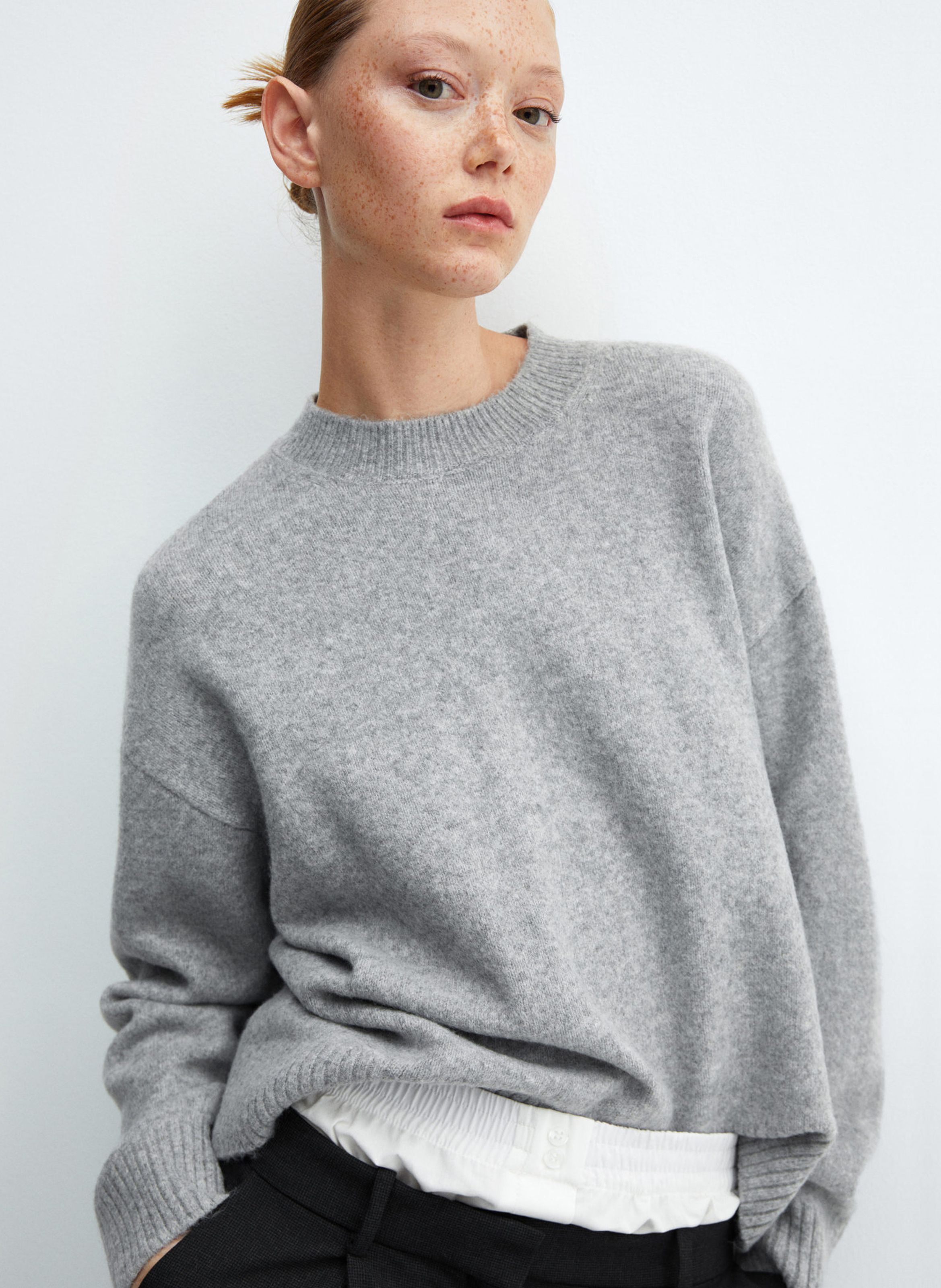 Pull Ample Col Rond En Maille Gris Pastel Mango Femme Place